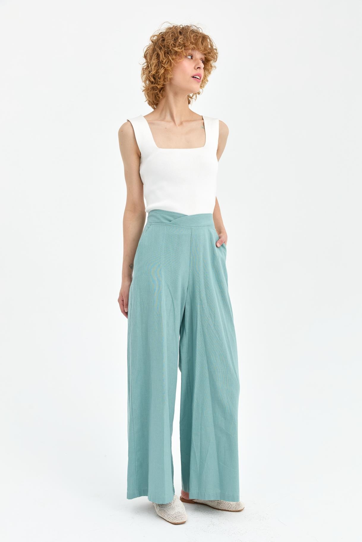Beli Lastikli Geniş Paça Keten Pantolon - MINT