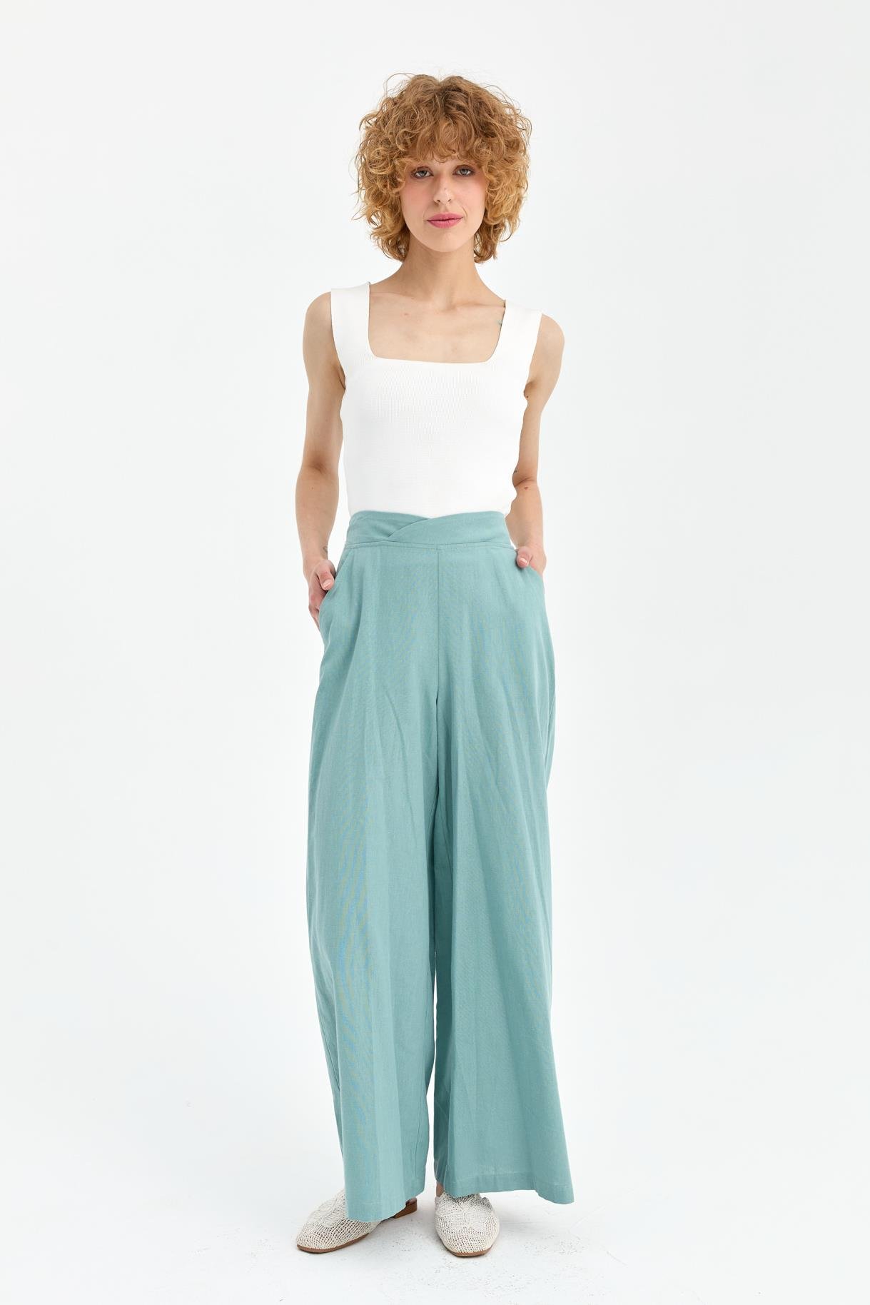 Beli Lastikli Geniş Paça Keten Pantolon - MINT