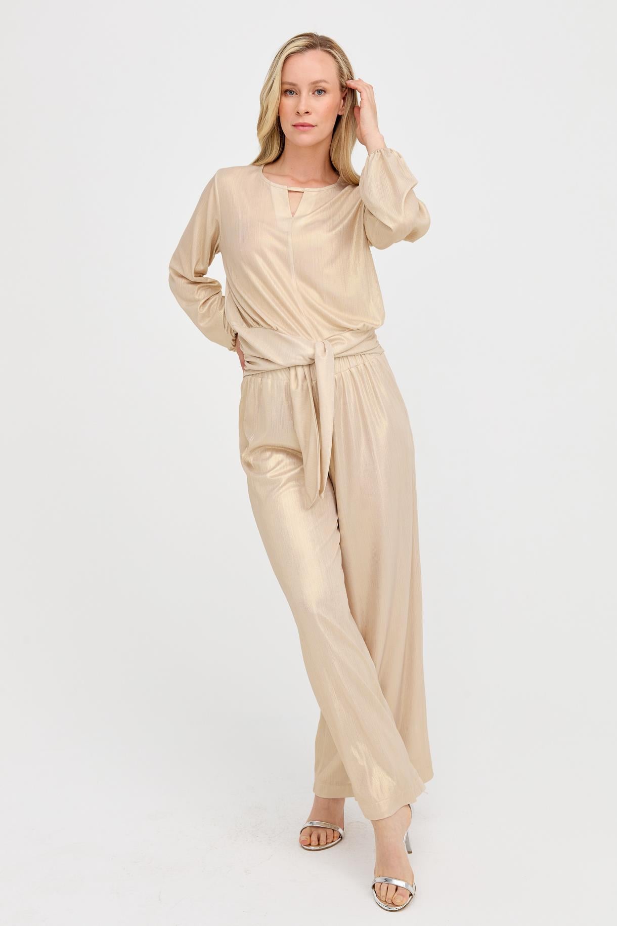 Beli Lastikli Geniş Paça Simli Pantolon - GOLD