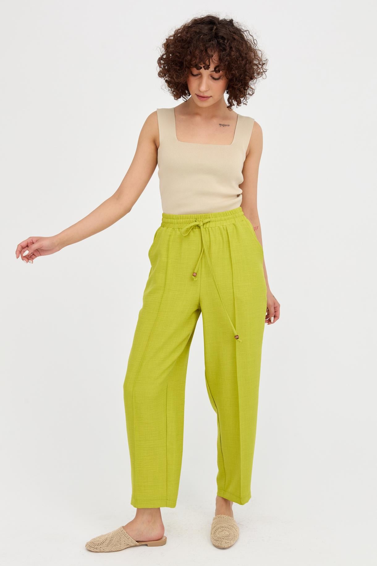 Beli Lastikli Havuç Keten Pantolon - FISTIK YEŞİLİ