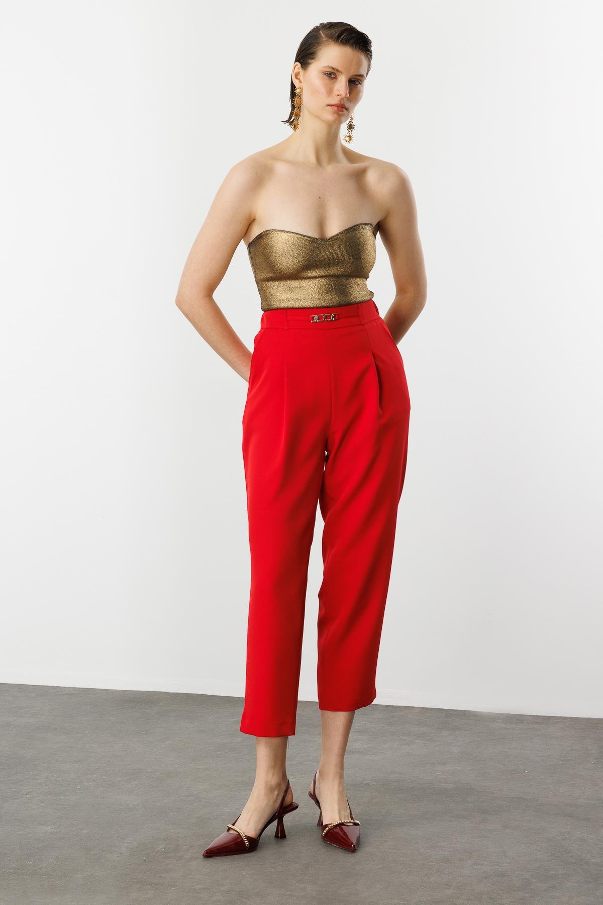 Beli Lastikli Kalın Pileli Pantolon-KIRMIZI