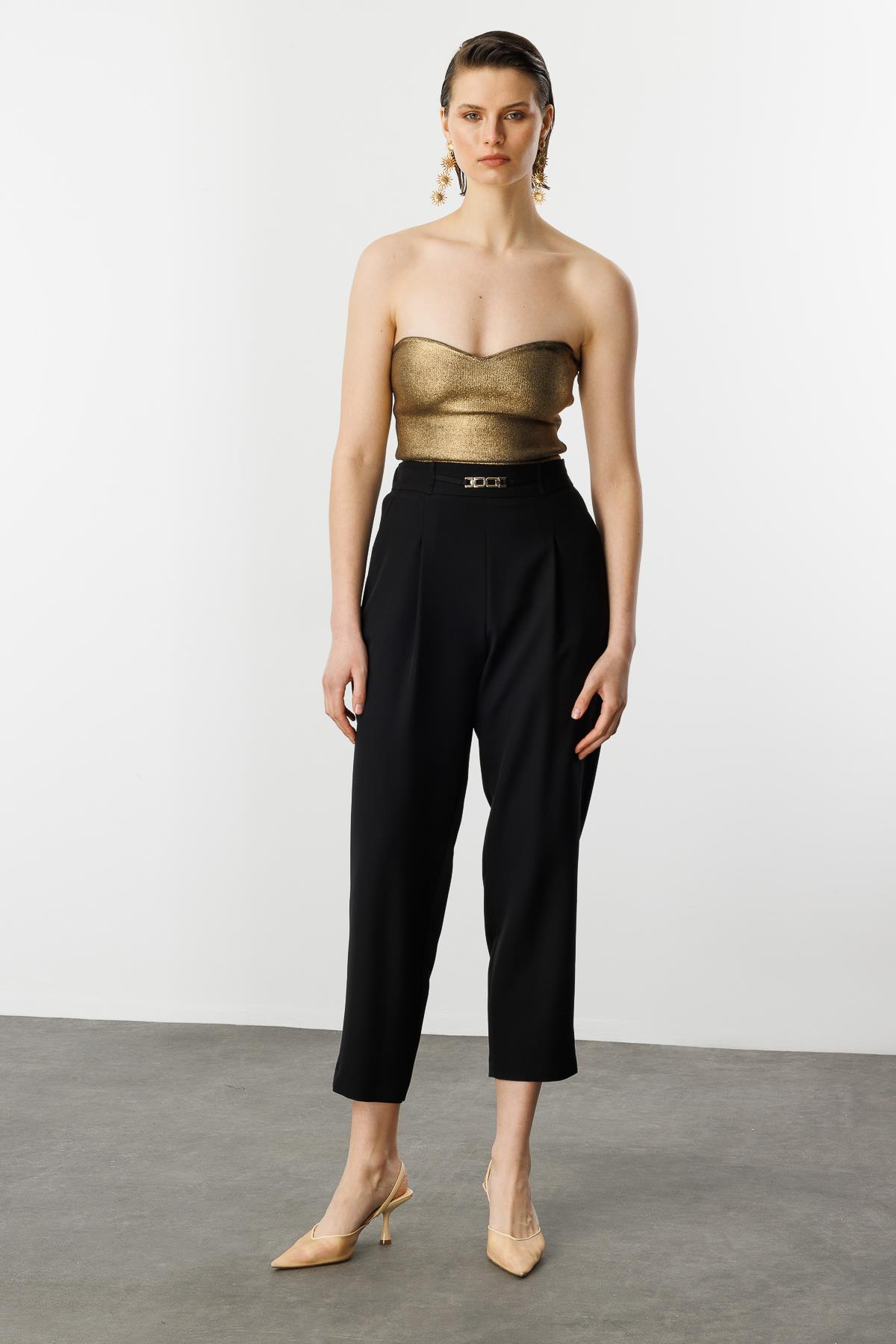 Beli Lastikli Kalın Pileli Pantolon-SİYAH