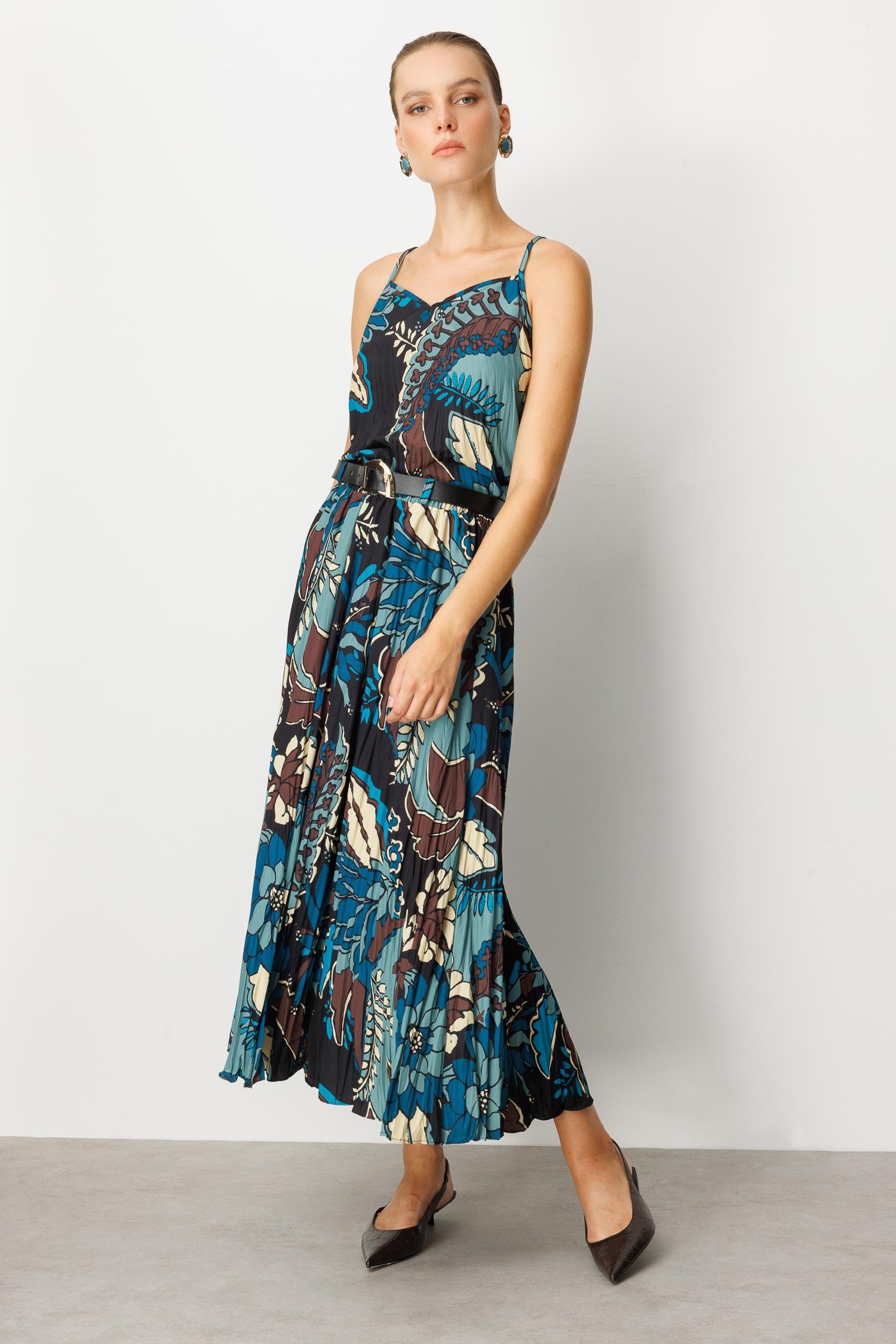 Beli Lastikli Kendinden Desenli Uzun Etek-PETROL