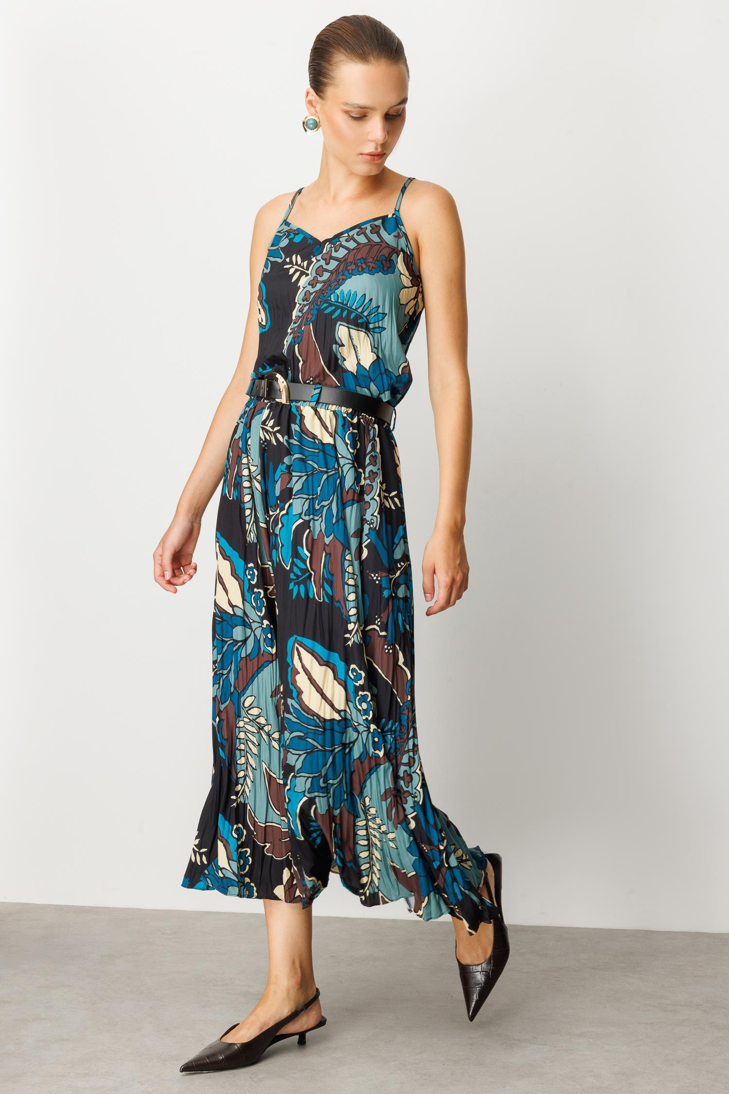 Beli Lastikli Kendinden Desenli Uzun Etek-PETROL