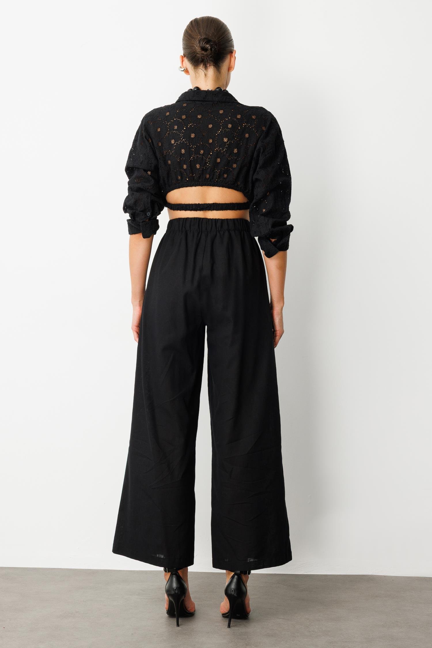 Beli Lastikli Keten Görünümlü Pantolon-SİYAH