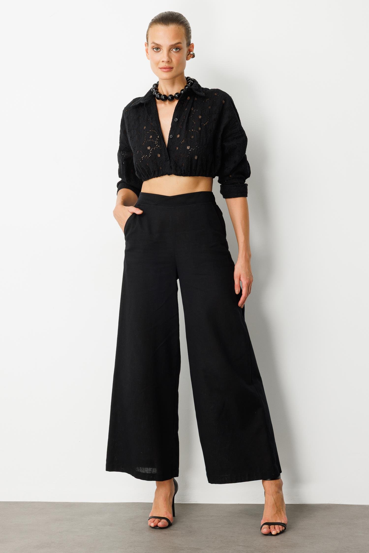 Beli Lastikli Keten Görünümlü Pantolon-SİYAH