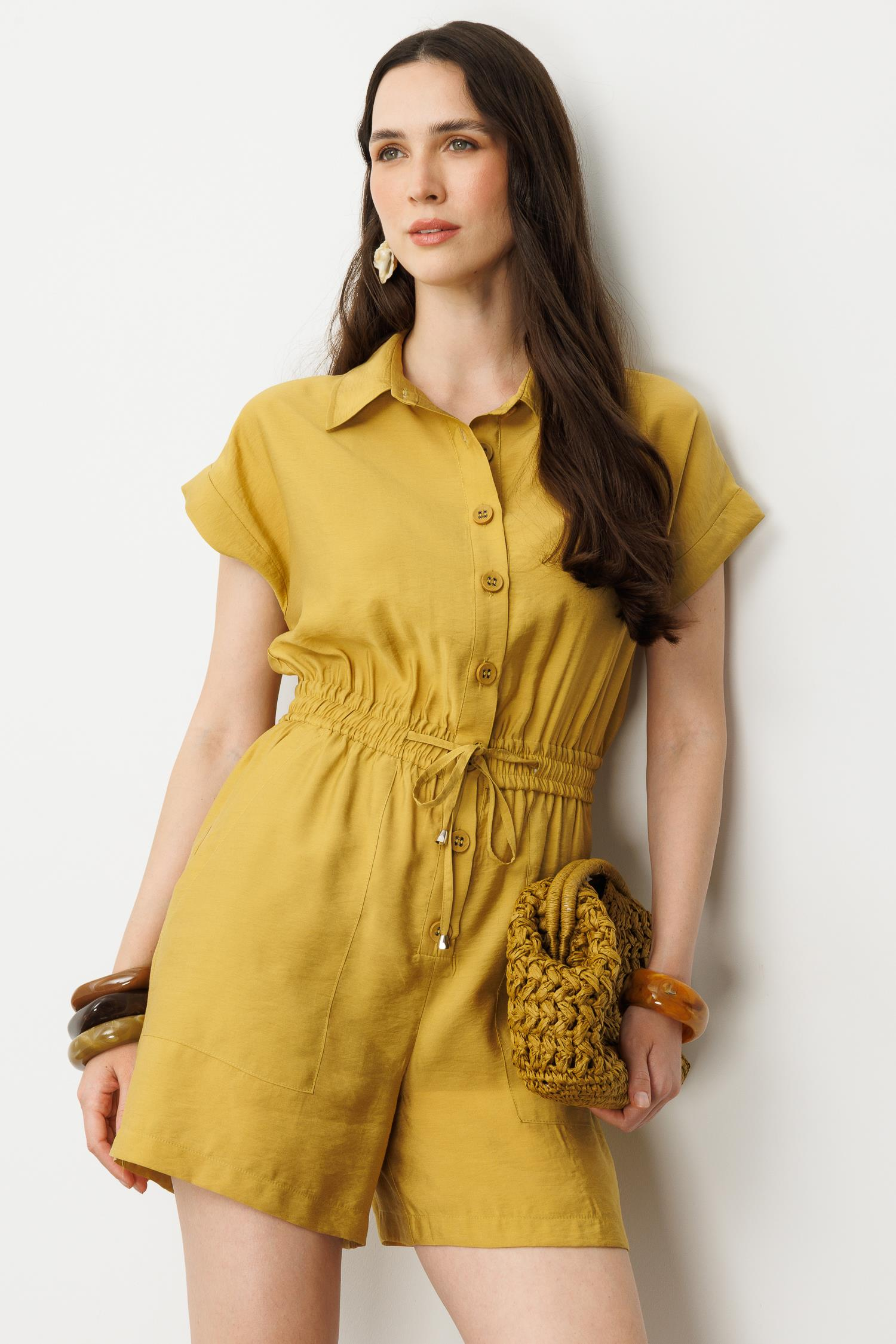 Beli Lastikli Kısa Tulum-SAFRAN