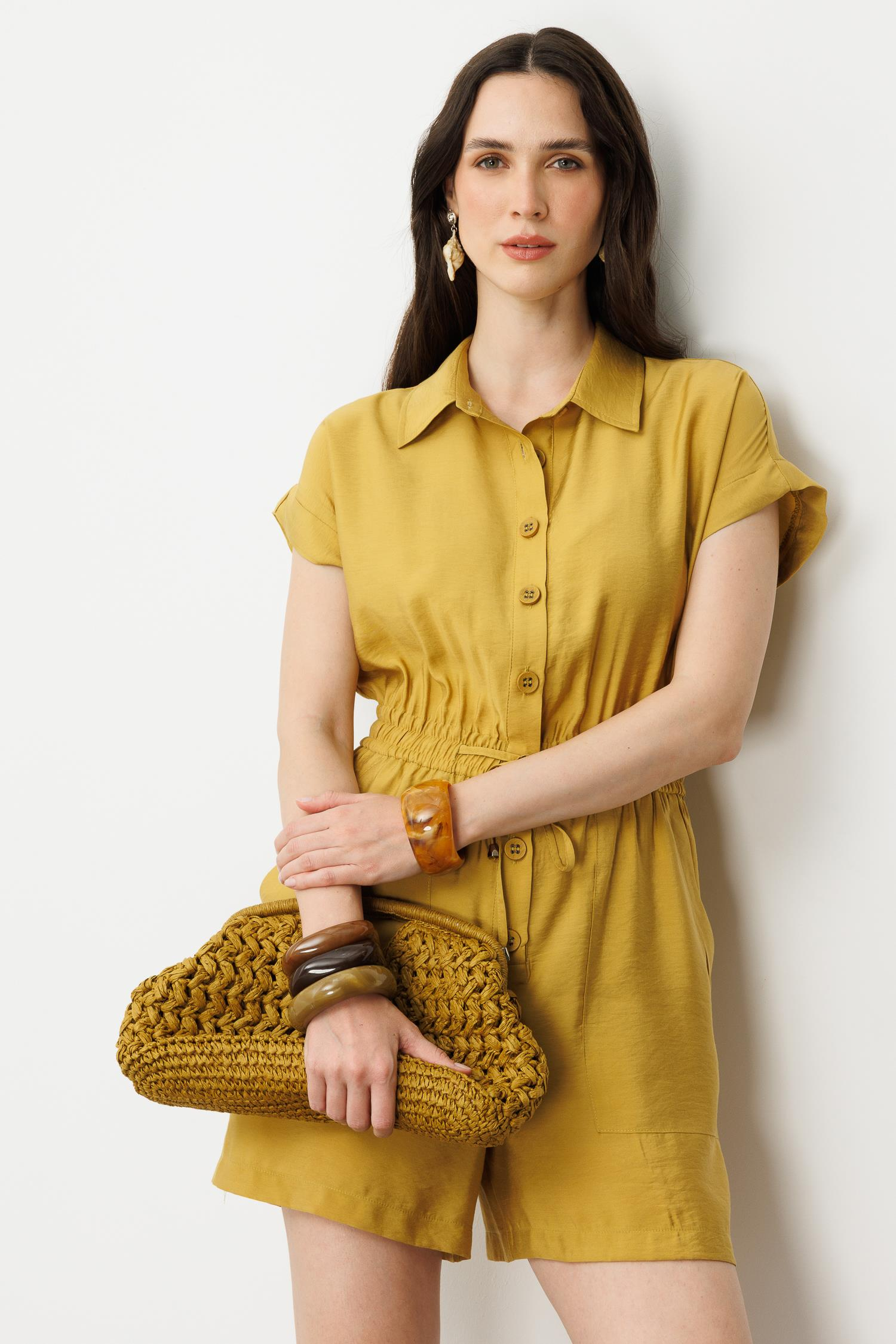 Beli Lastikli Kısa Tulum-SAFRAN