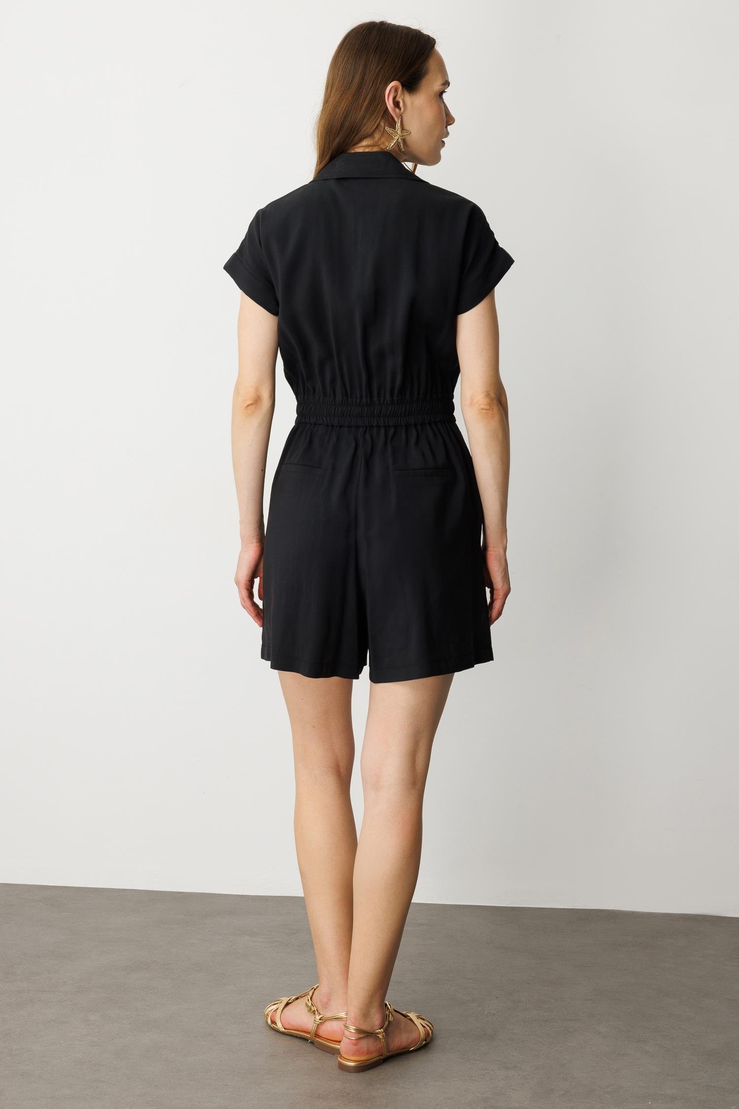 Beli Lastikli Kısa Tulum-SİYAH