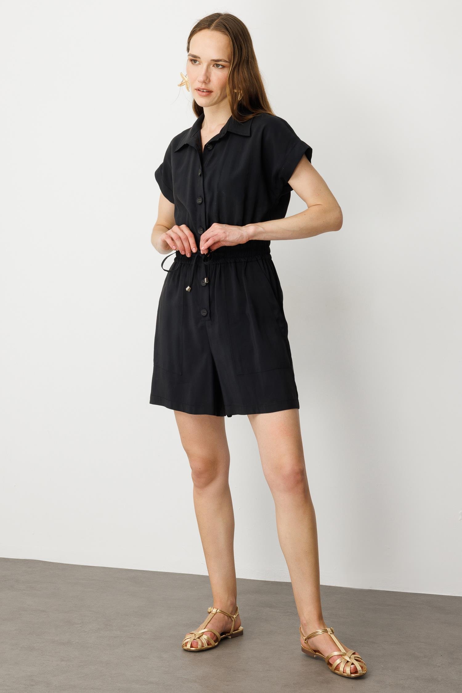 Beli Lastikli Kısa Tulum-SİYAH