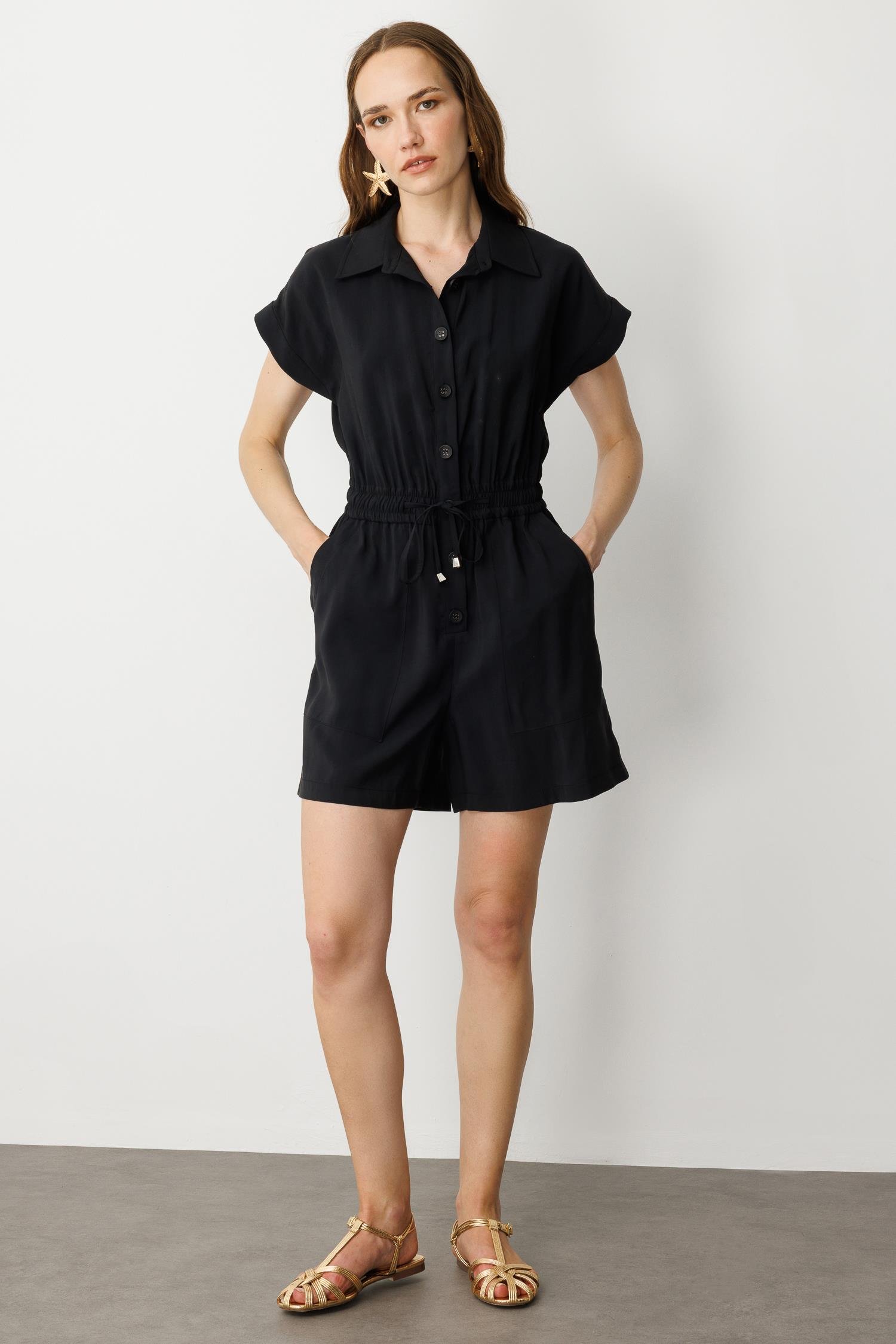 Beli Lastikli Kısa Tulum-SİYAH