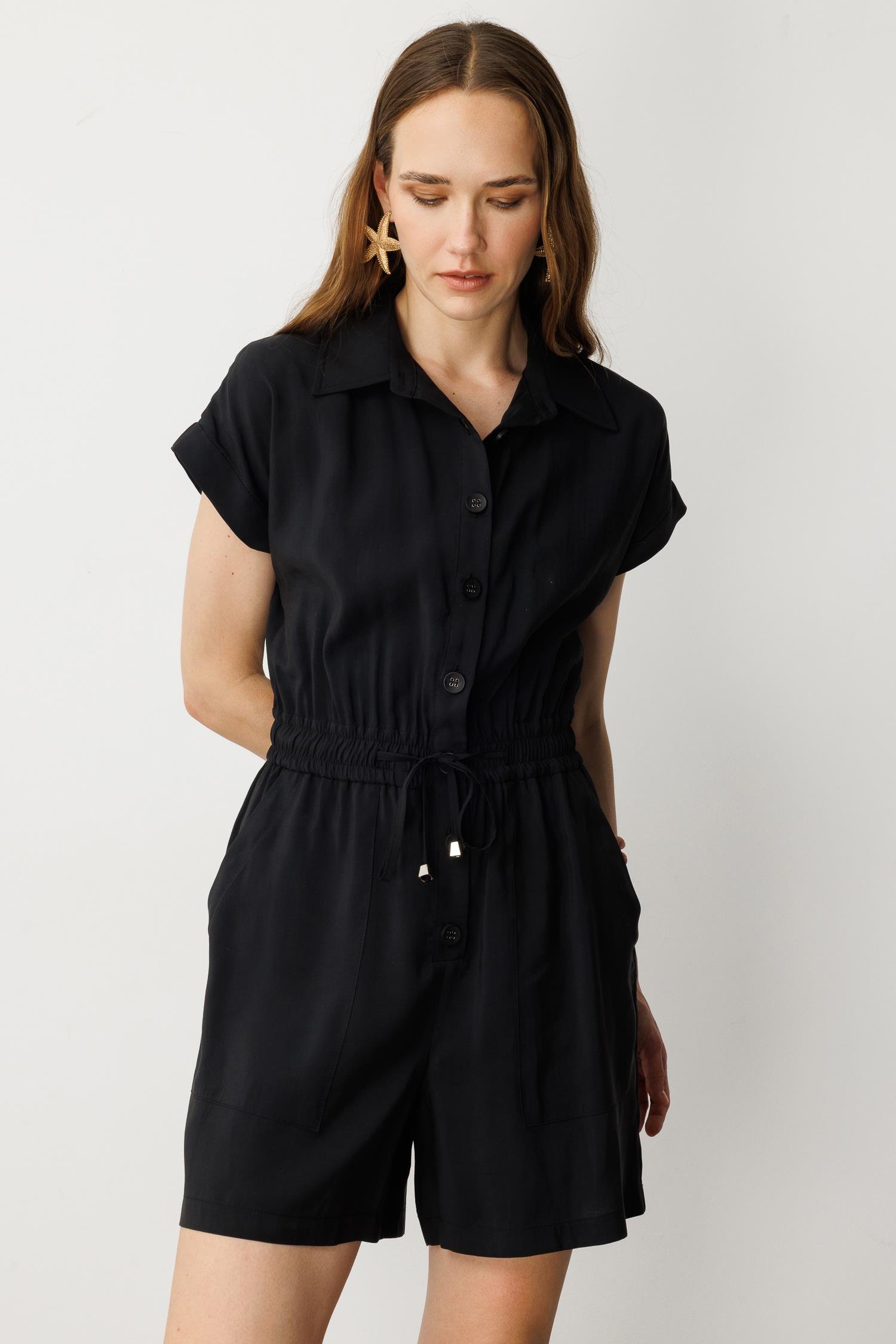 Beli Lastikli Kısa Tulum-SİYAH