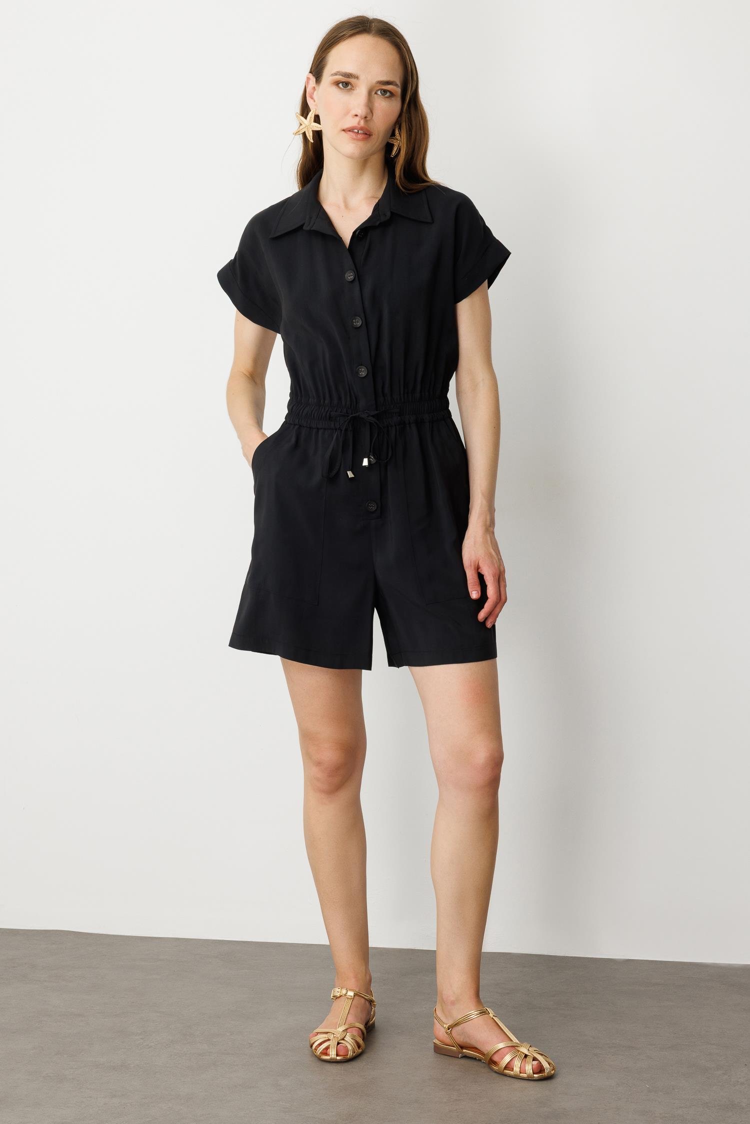 Beli Lastikli Kısa Tulum-SİYAH