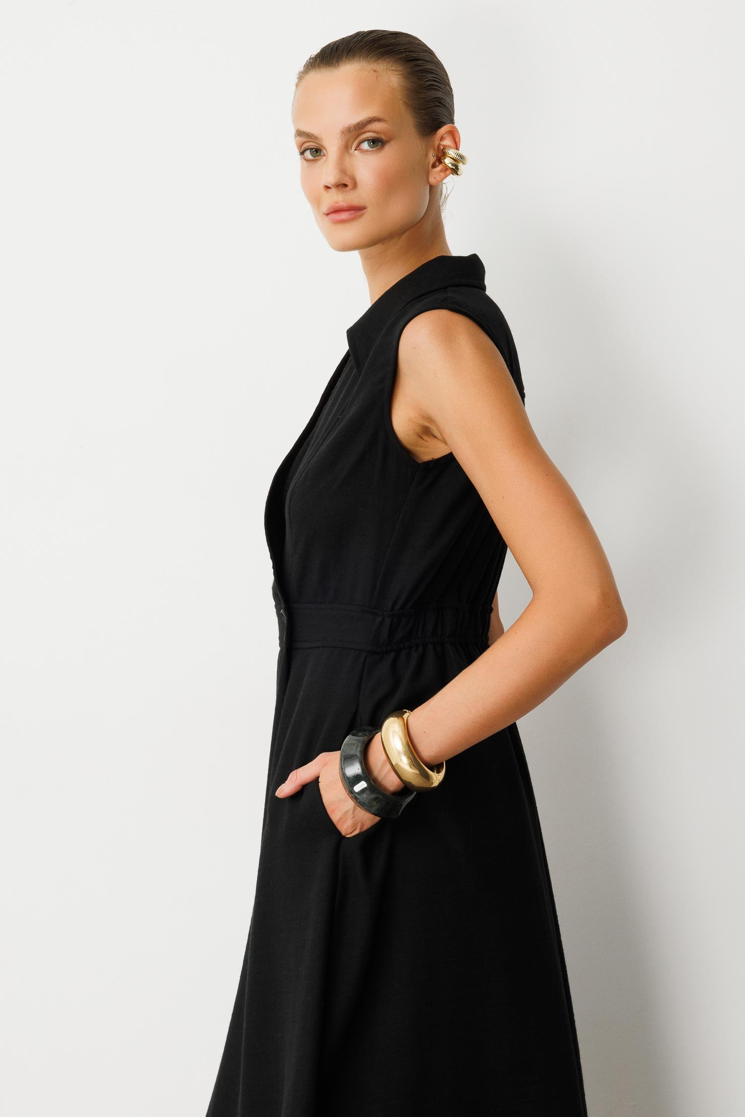 Beli Lastikli Kruvaze Yaka Elbise-SİYAH