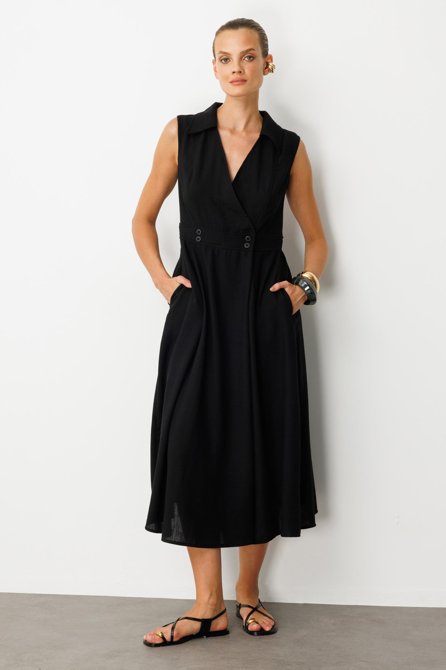 Beli Lastikli Kruvaze Yaka Elbise-SİYAH