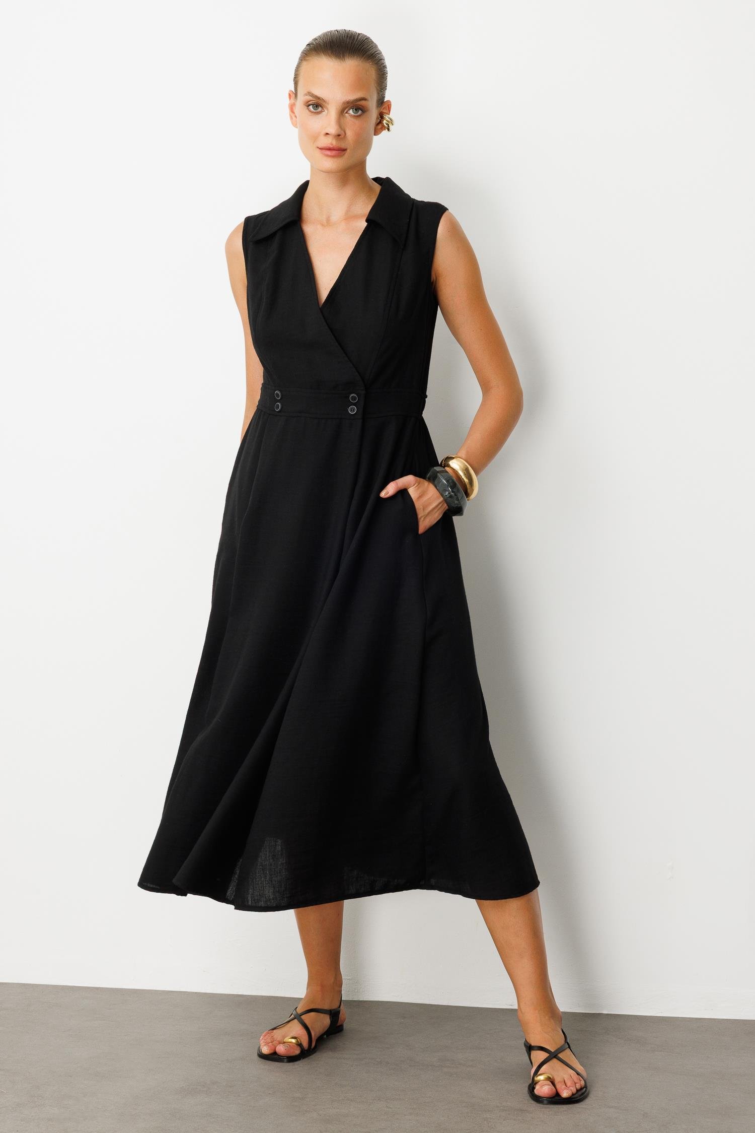 Beli Lastikli Kruvaze Yaka Elbise-SİYAH