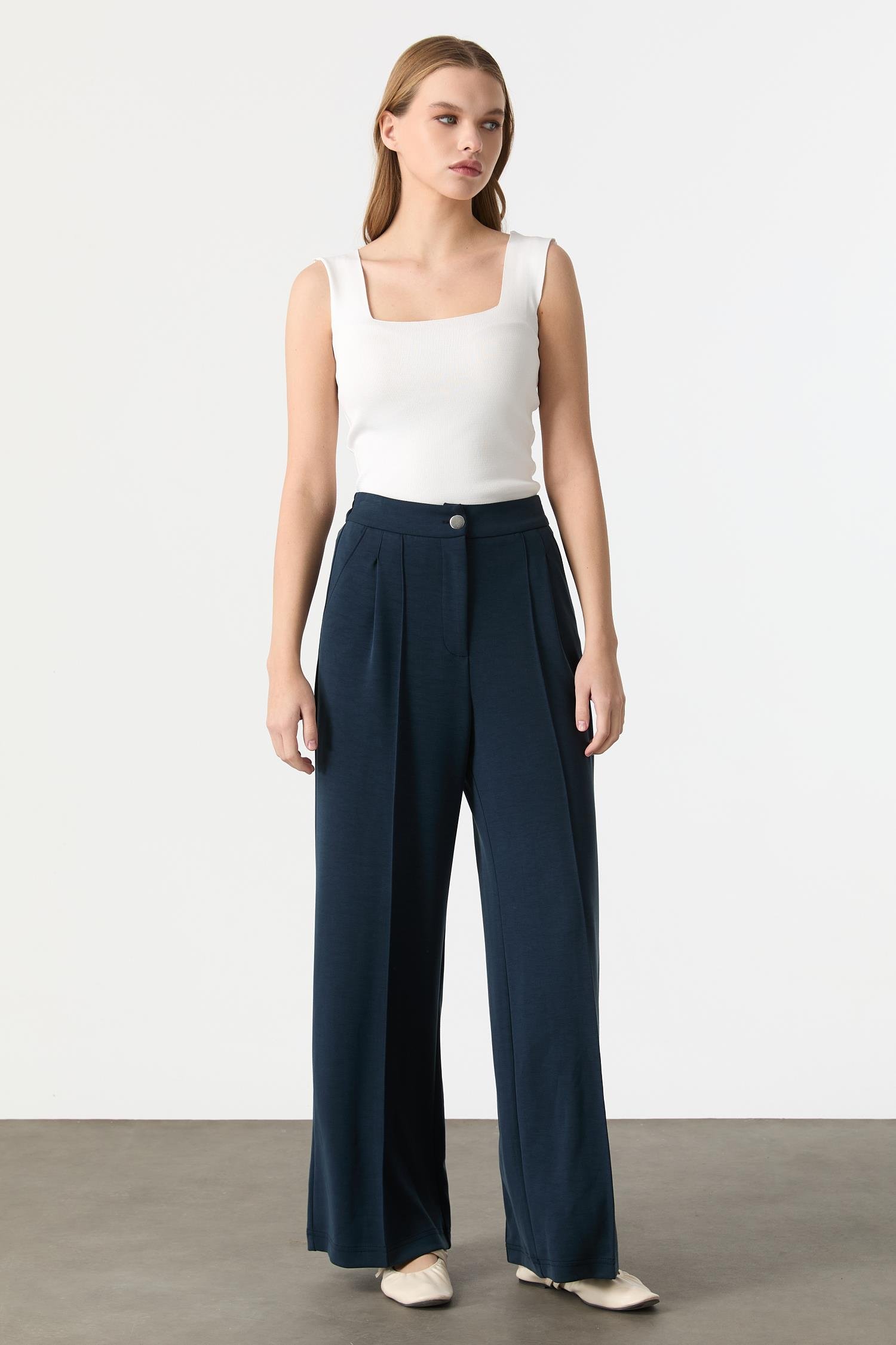 Beli Lastikli Rahat Kalıp Modal Pantolon-PETROL