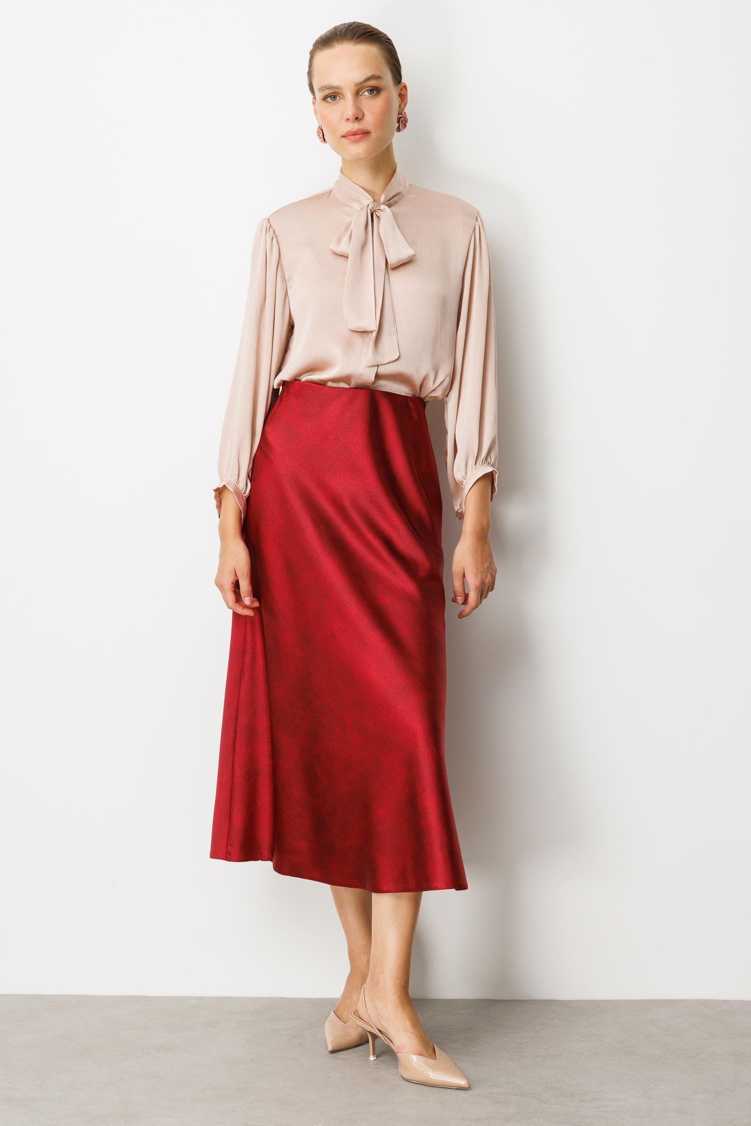 Beli Lastikli Saten Görünüm Etek-BORDO