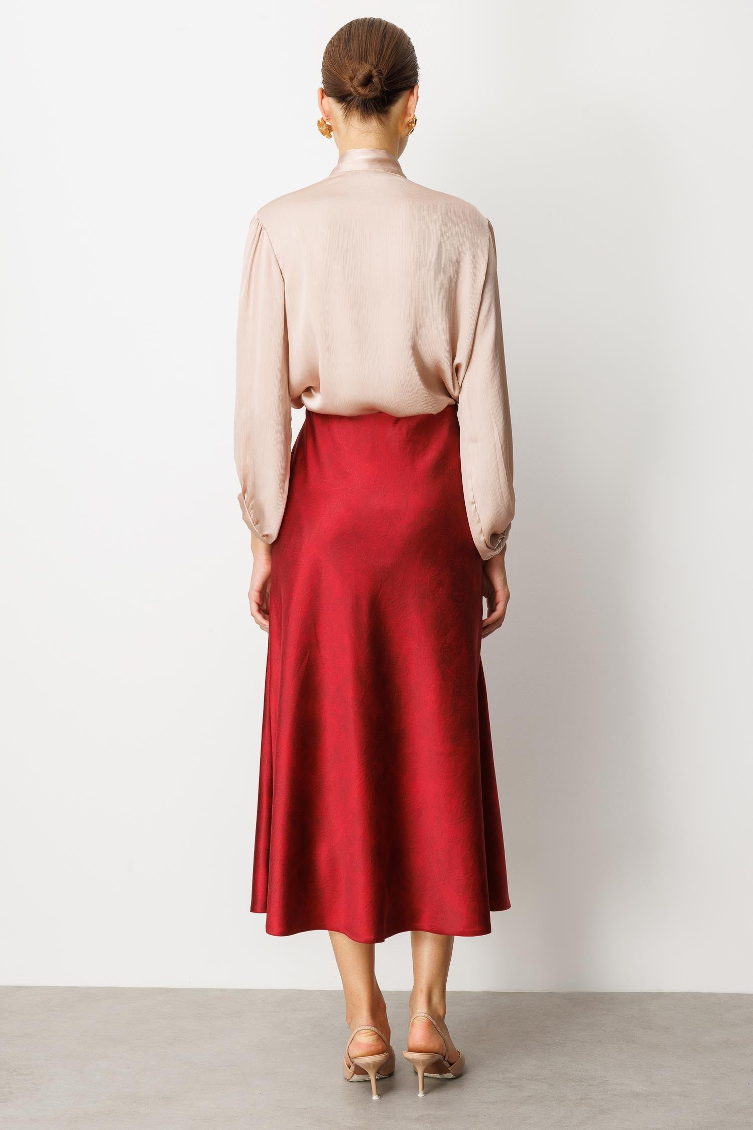 Beli Lastikli Saten Görünüm Etek-BORDO