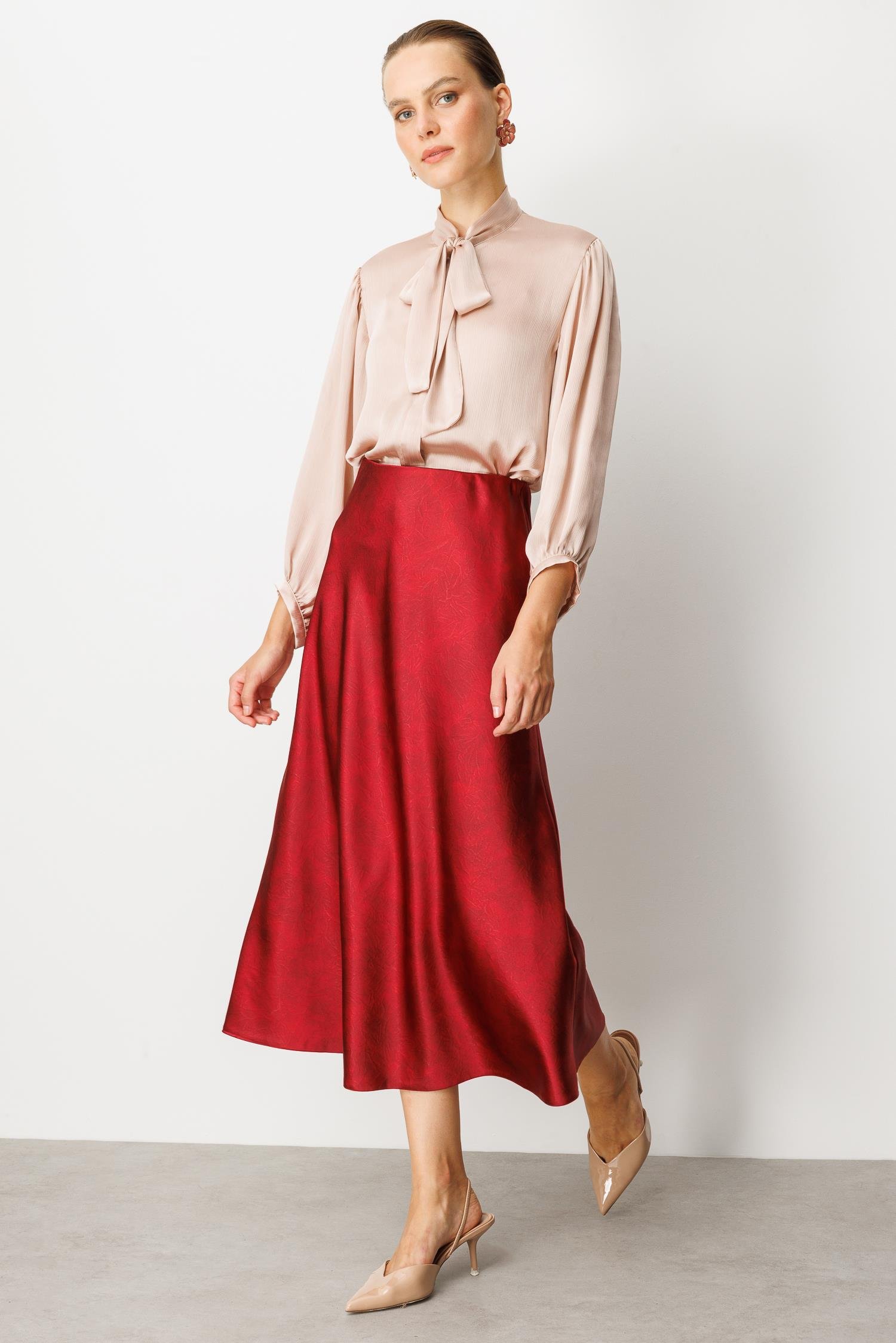 Beli Lastikli Saten Görünüm Etek-BORDO