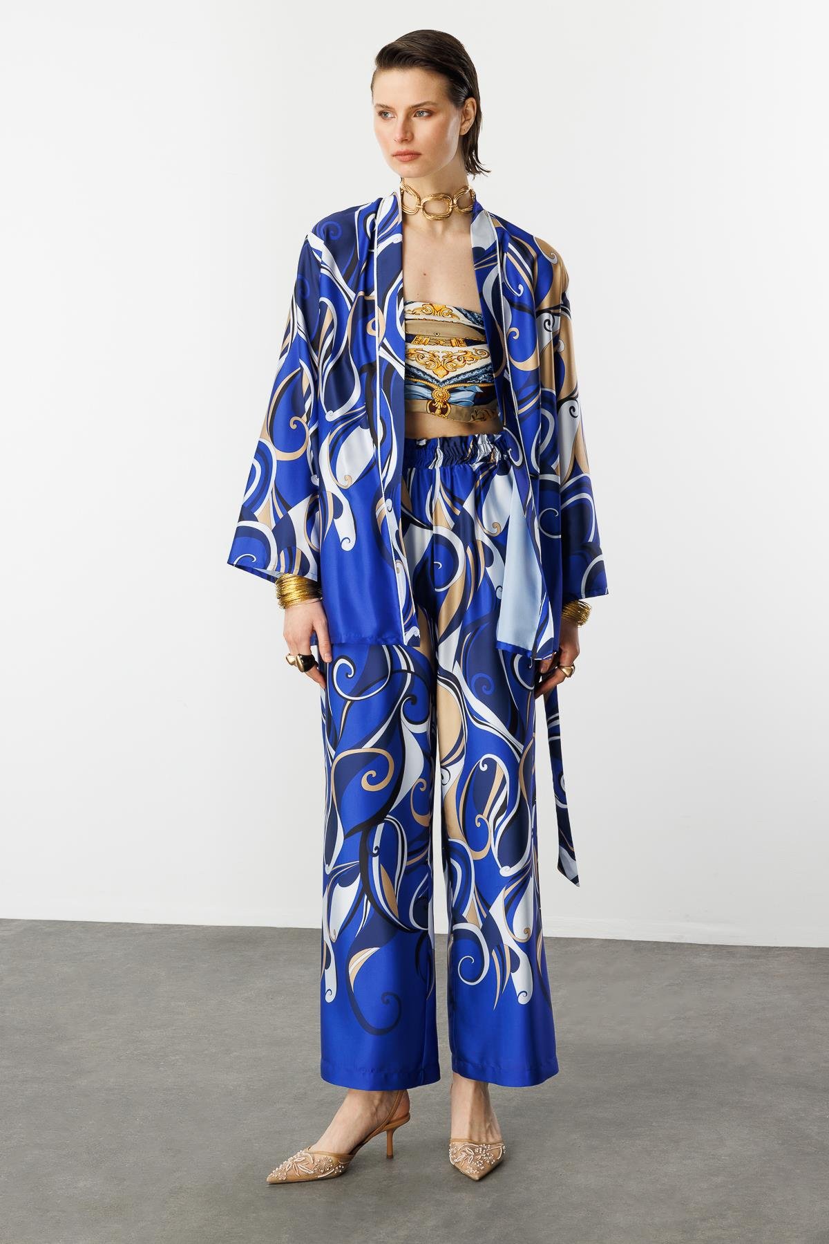 Beli Lastikli Saten Pantolon-SAX