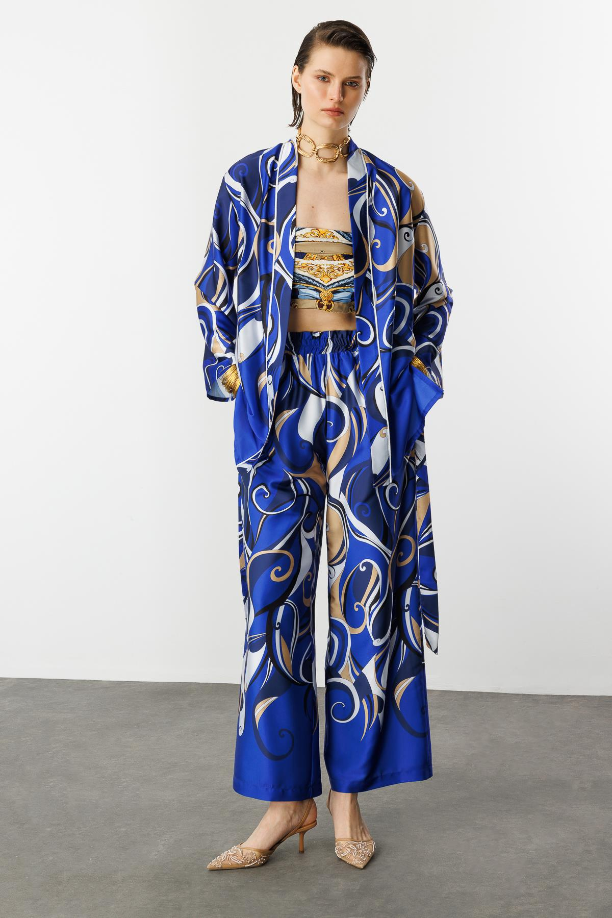 Beli Lastikli Saten Pantolon-SAX