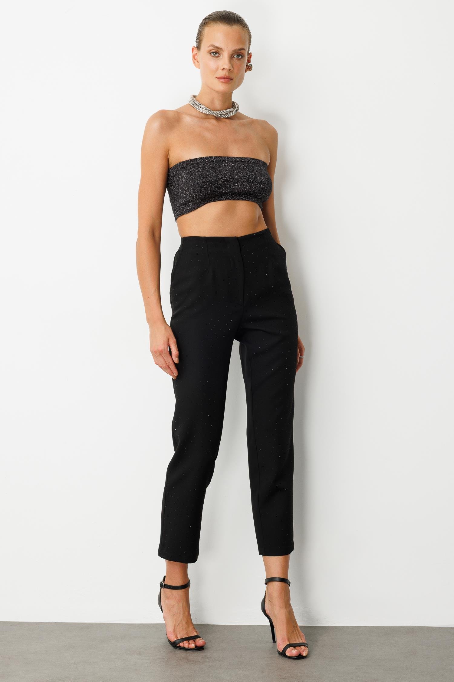 Beli Lastikli Taşlı Pantolon-SİYAH