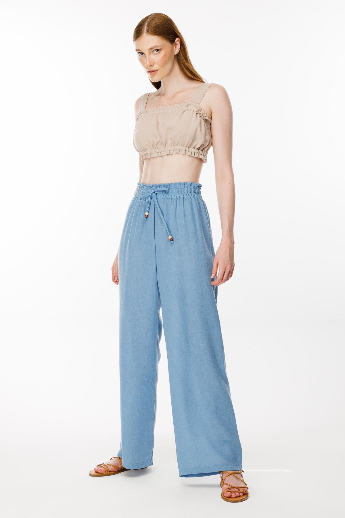 Beli Lastikli ve Geniş Paça Keten Pantolon - MAVİ