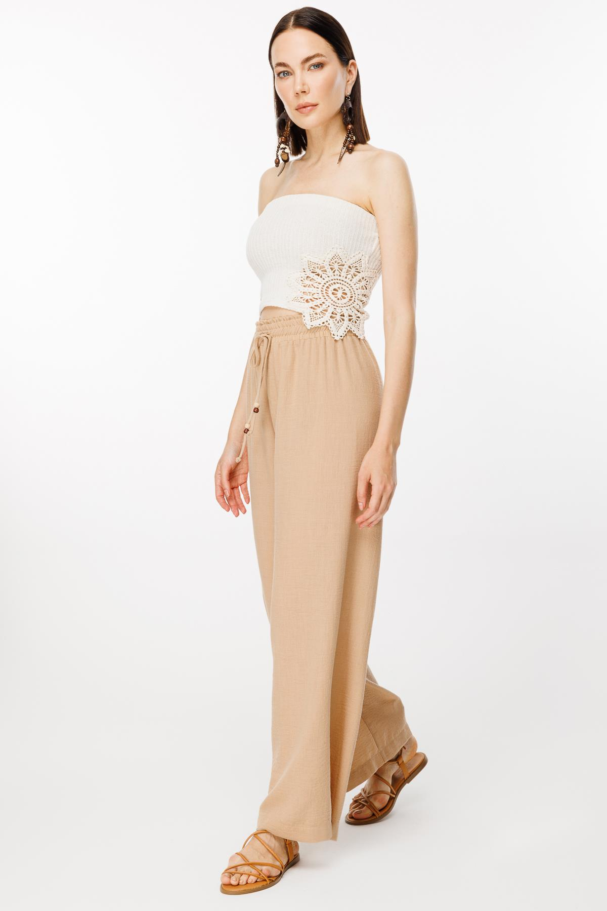 Beli Lastikli ve Geniş Paça Keten Pantolon - CAMEL