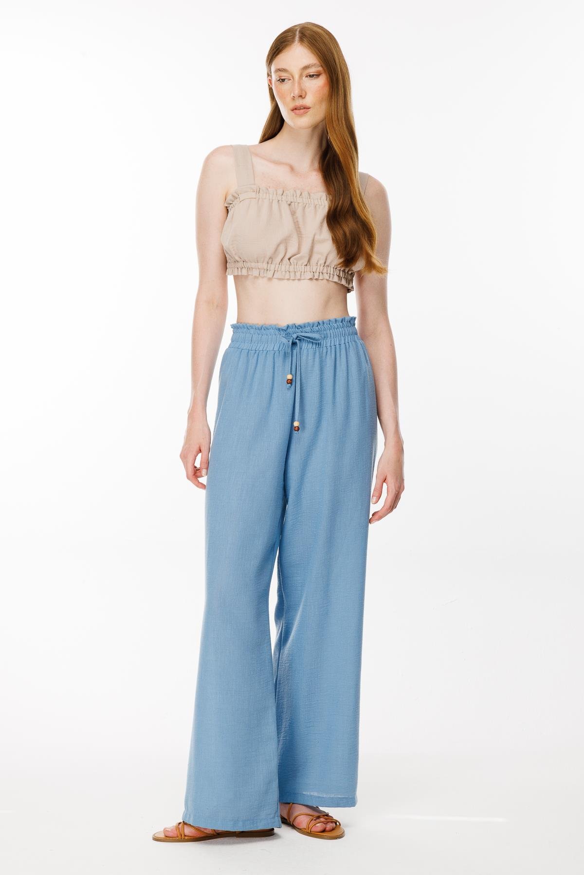 Beli Lastikli ve Geniş Paça Keten Pantolon - MAVİ