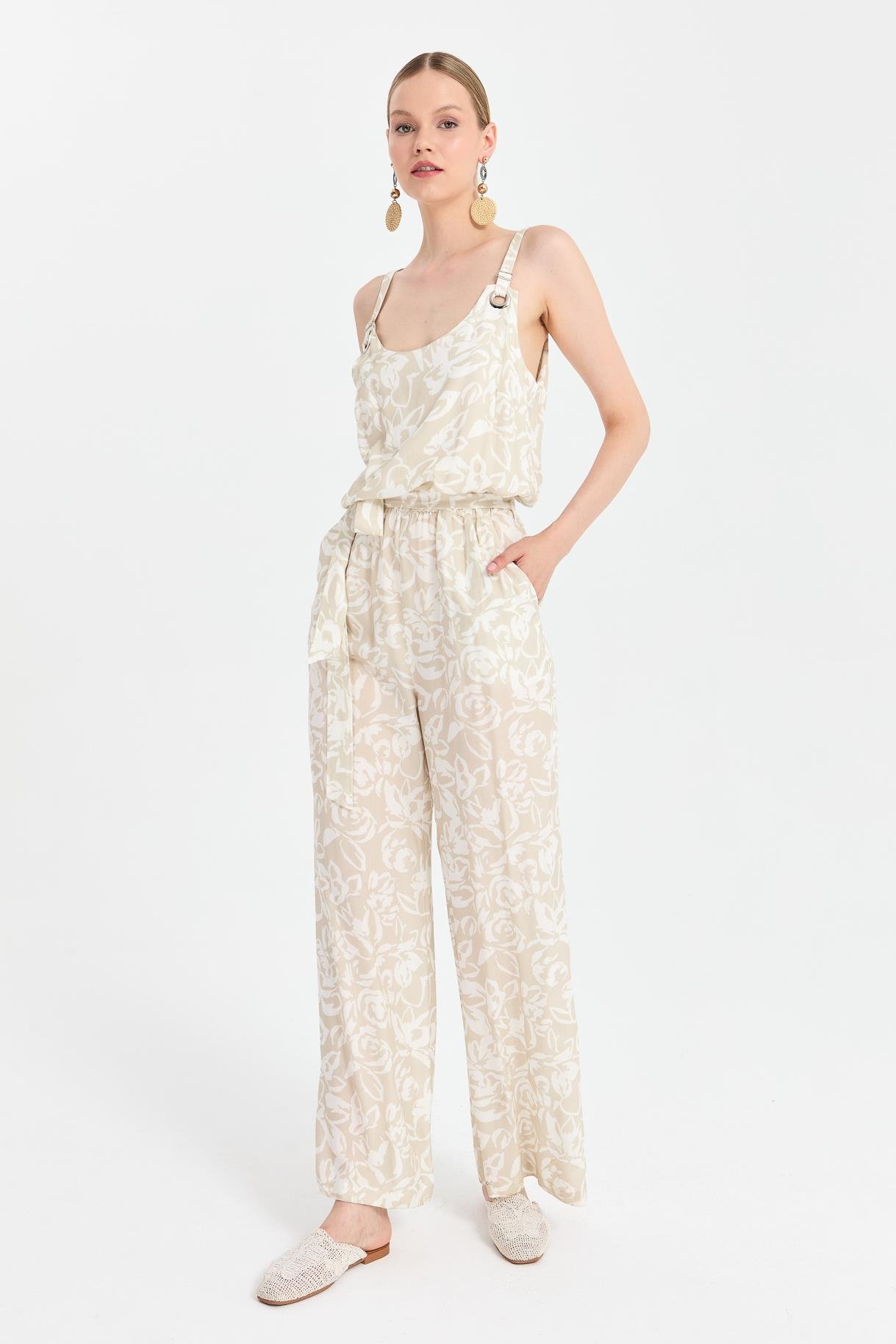 Beli Lastikli ve Kemerli Baskılı Tulum - VİZON