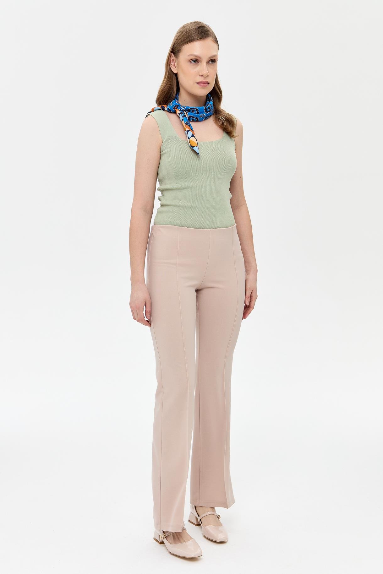 Beli Lastikli Yüksek Bel Pantolon - BEJ