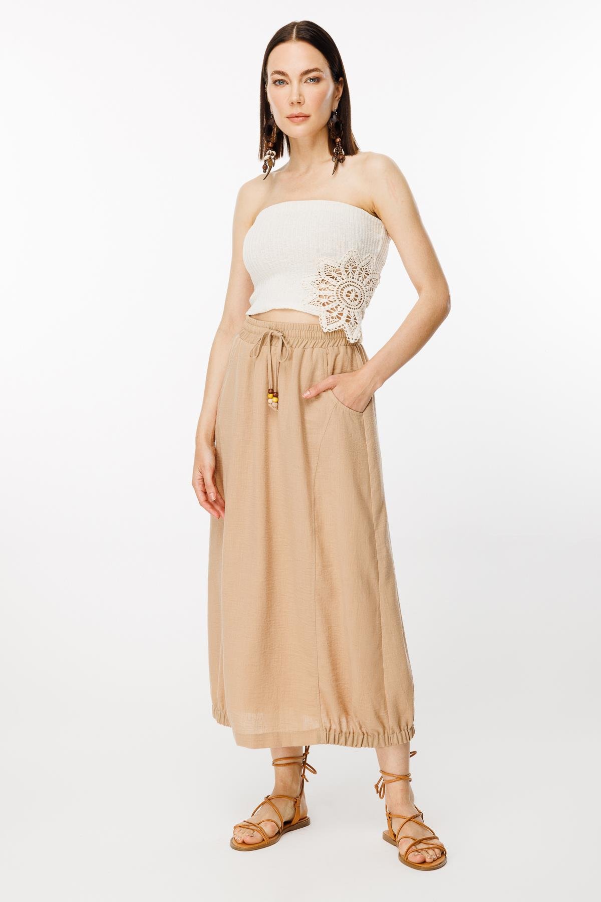 Beli ve Eteği Lastik Detaylı Keten Etek - CAMEL