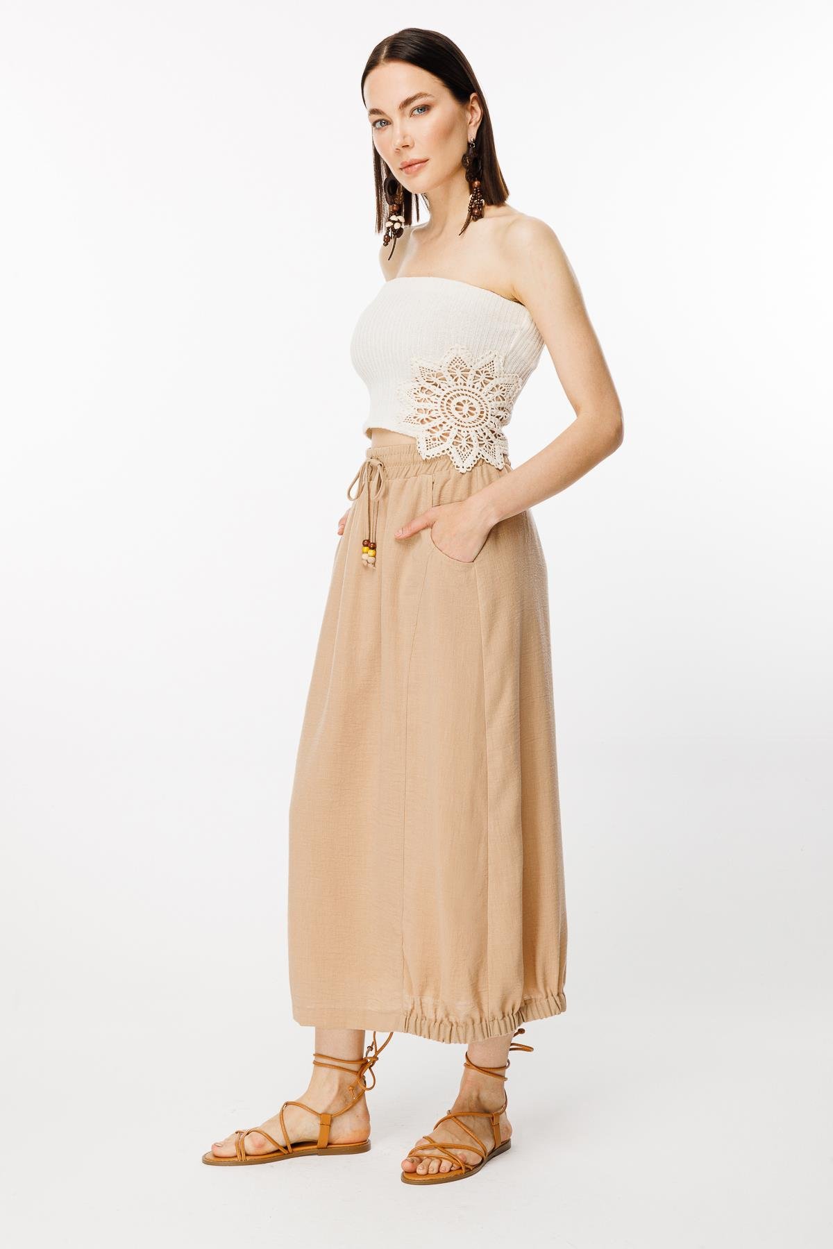 Beli ve Eteği Lastik Detaylı Keten Etek - CAMEL
