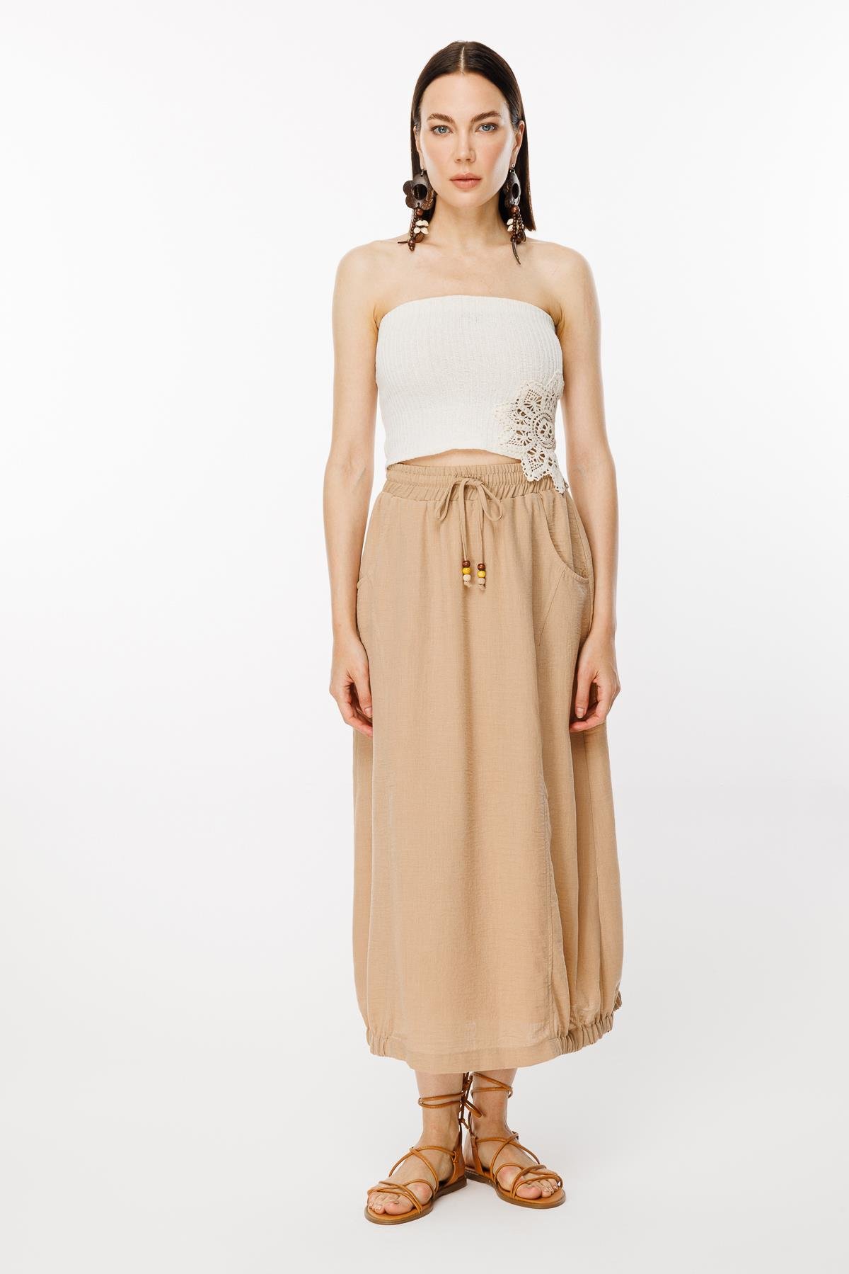 Beli ve Eteği Lastik Detaylı Keten Etek - CAMEL