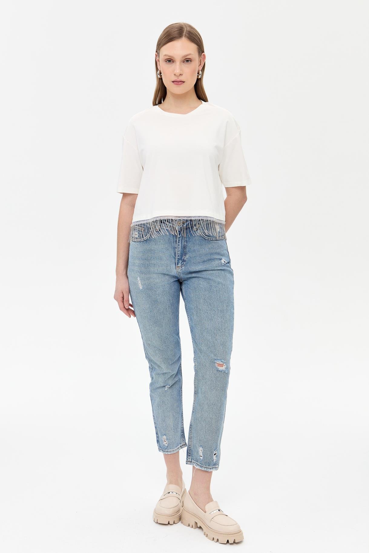 Beli Zincir Detaylı Kısa Kollu Tişört - KEMIK