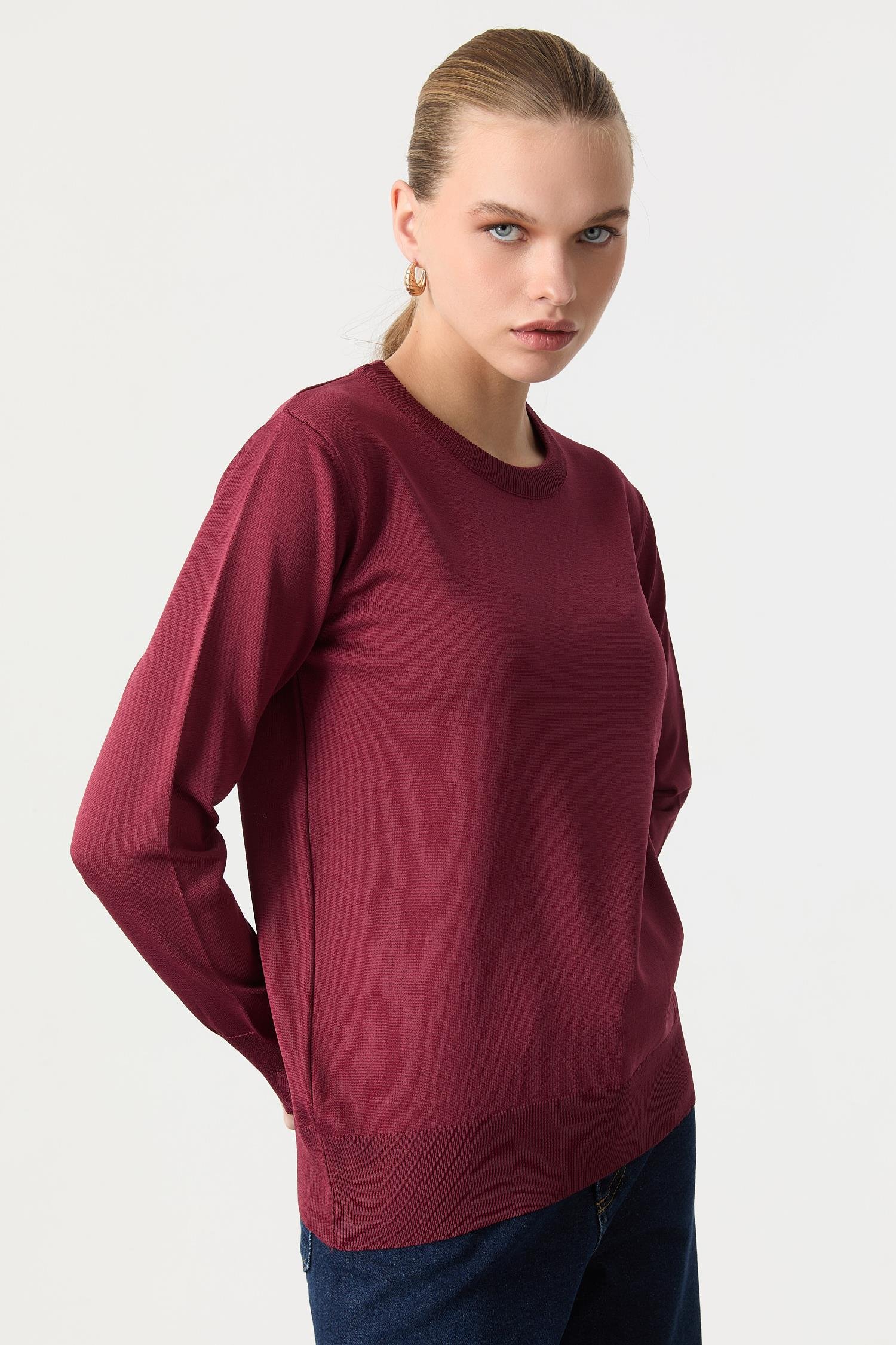 Biye Detaylı Basic Triko Kazak-BORDO