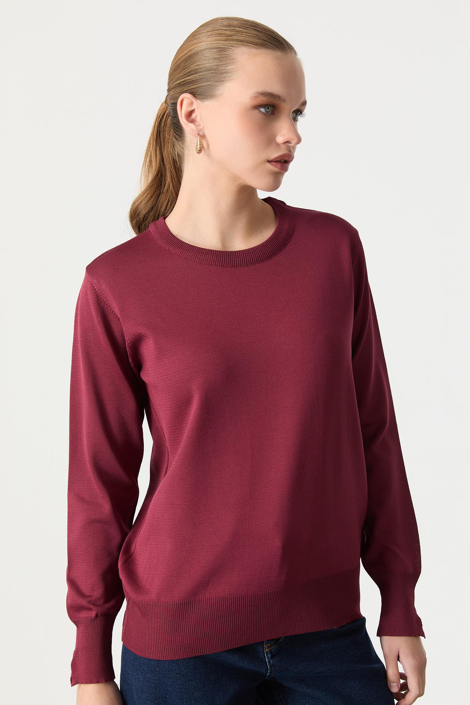 Biye Detaylı Basic Triko Kazak-BORDO