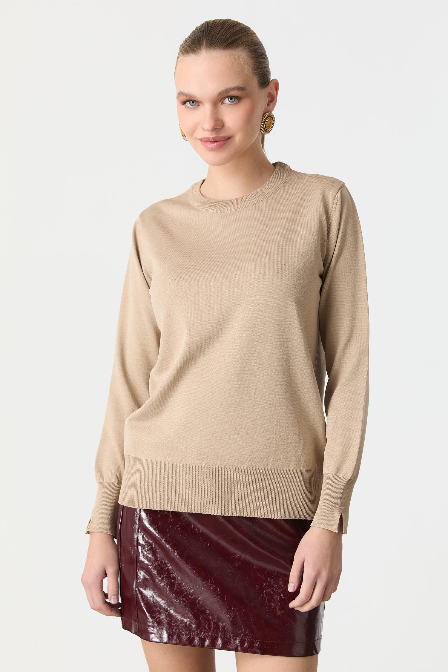 Biye Detaylı Basic Triko Kazak-TAŞ