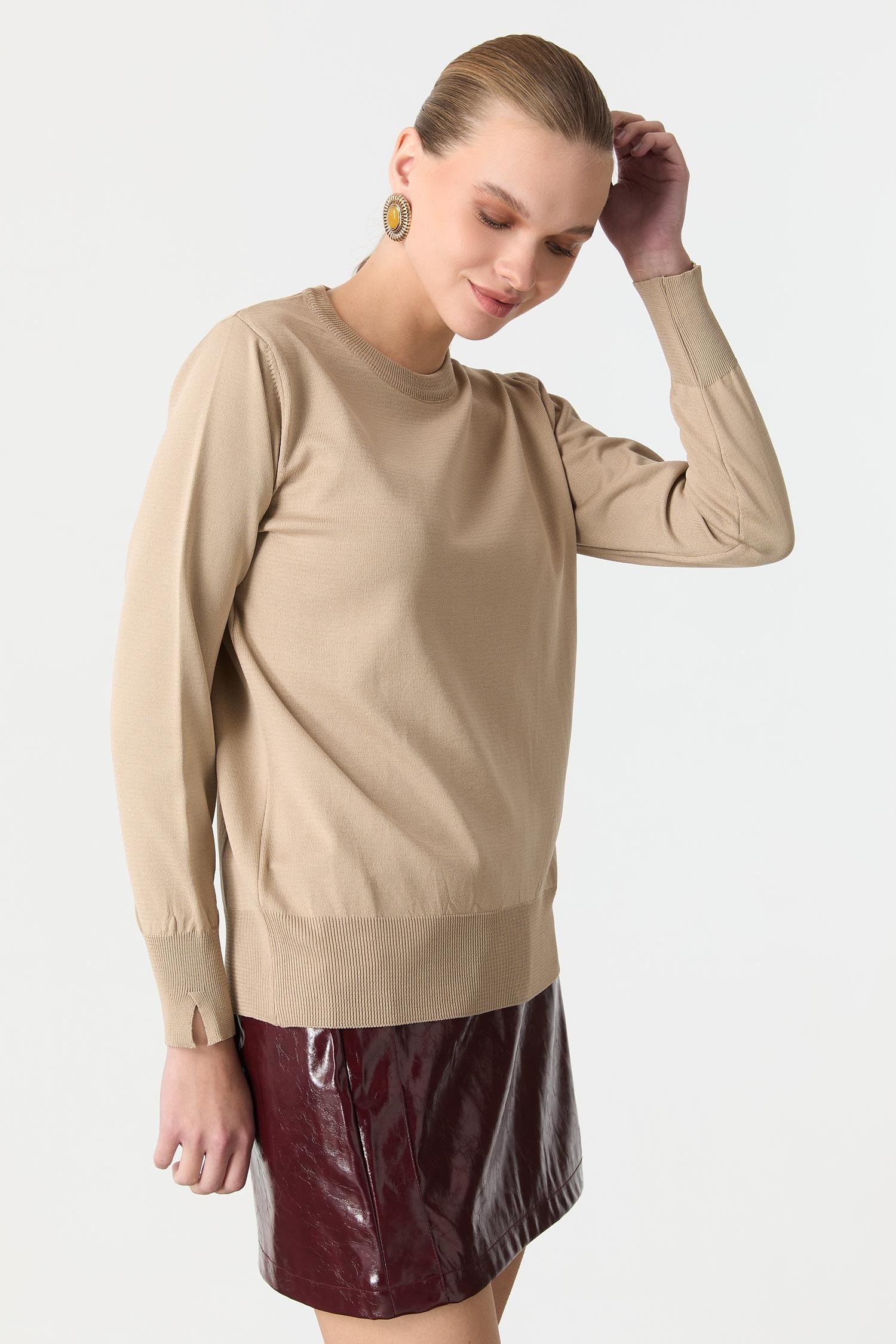 Biye Detaylı Basic Triko Kazak-TAŞ