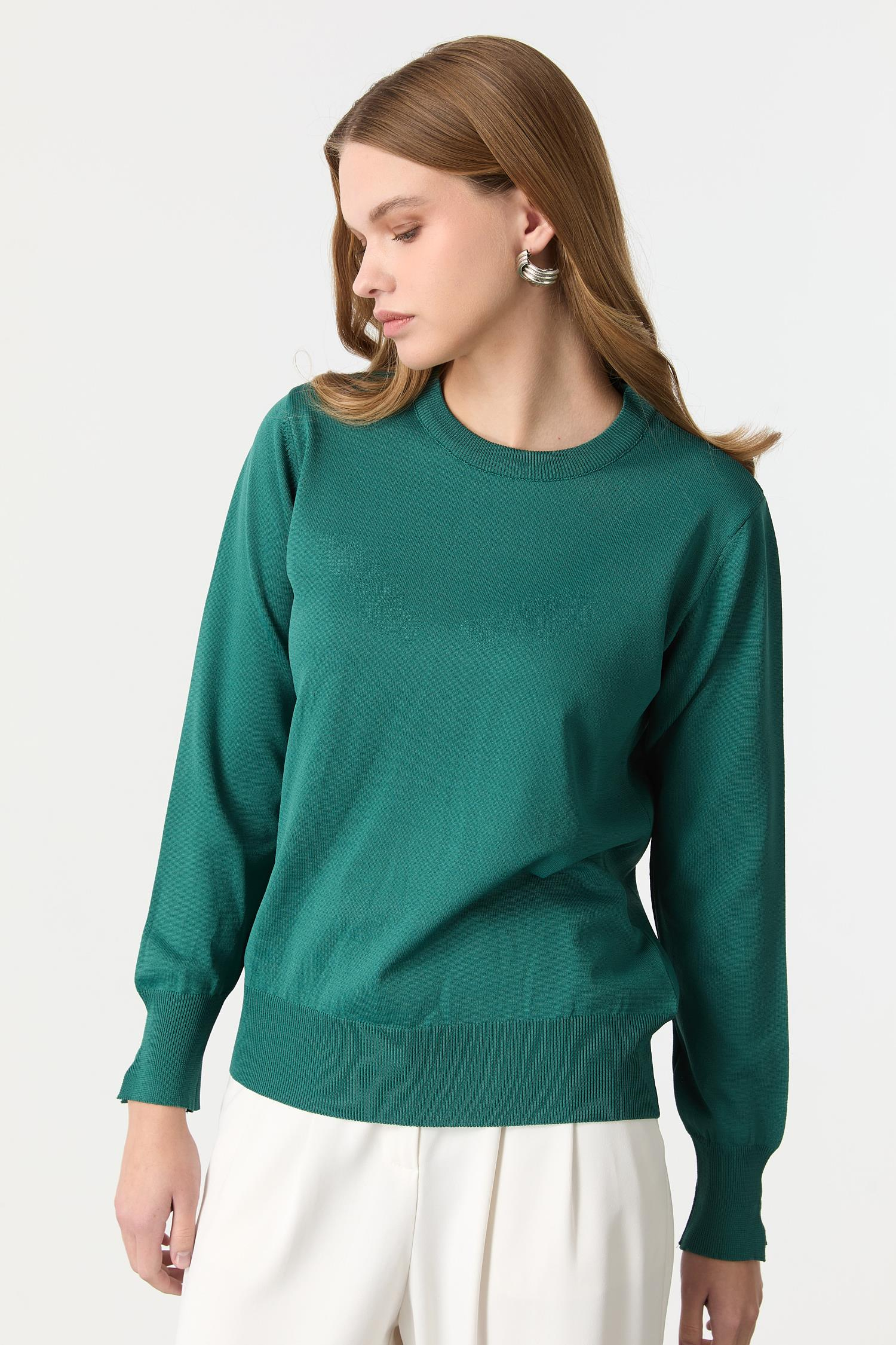 Biye Detaylı Basic Triko Kazak-ZÜMRÜT