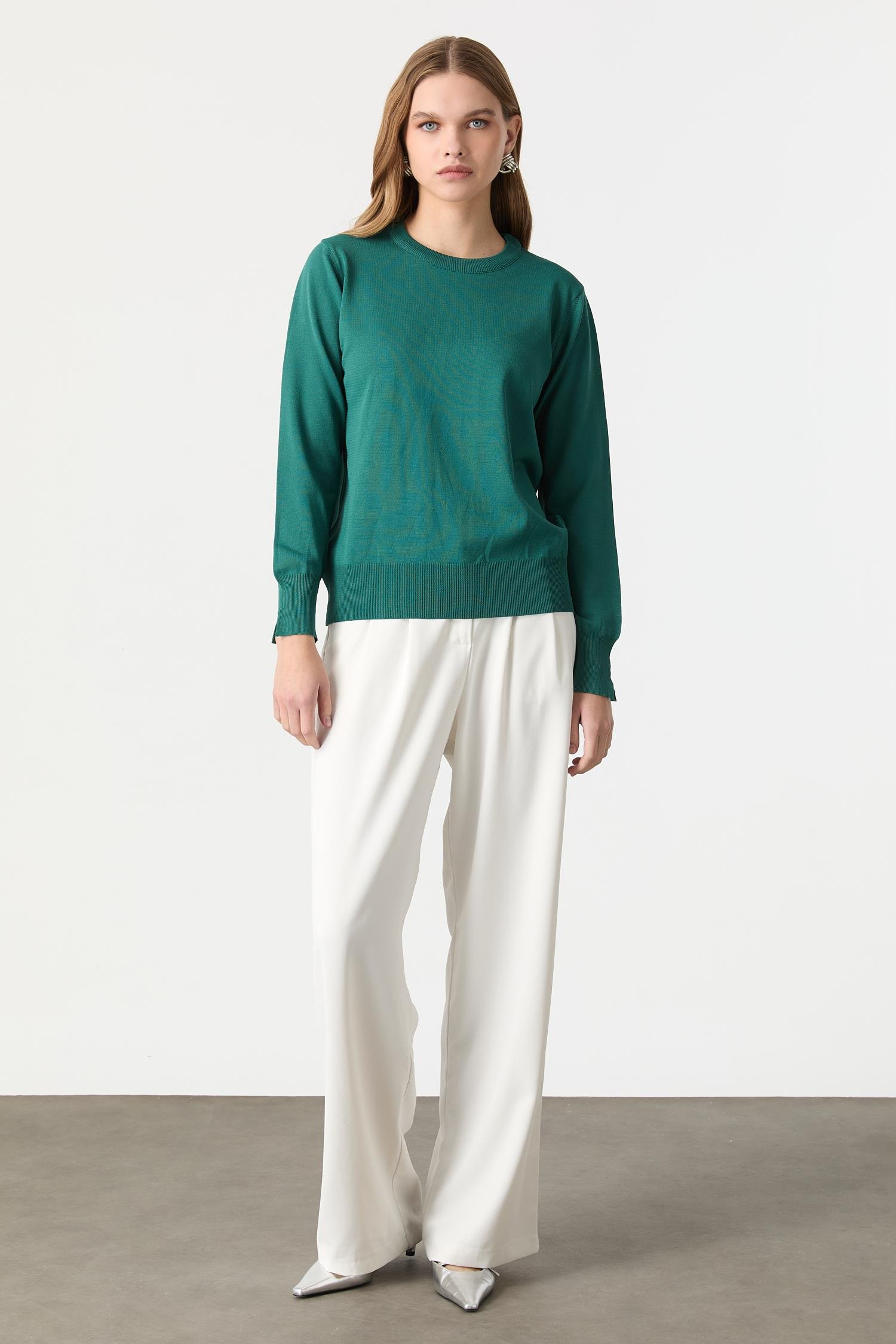 Biye Detaylı Basic Triko Kazak-ZÜMRÜT