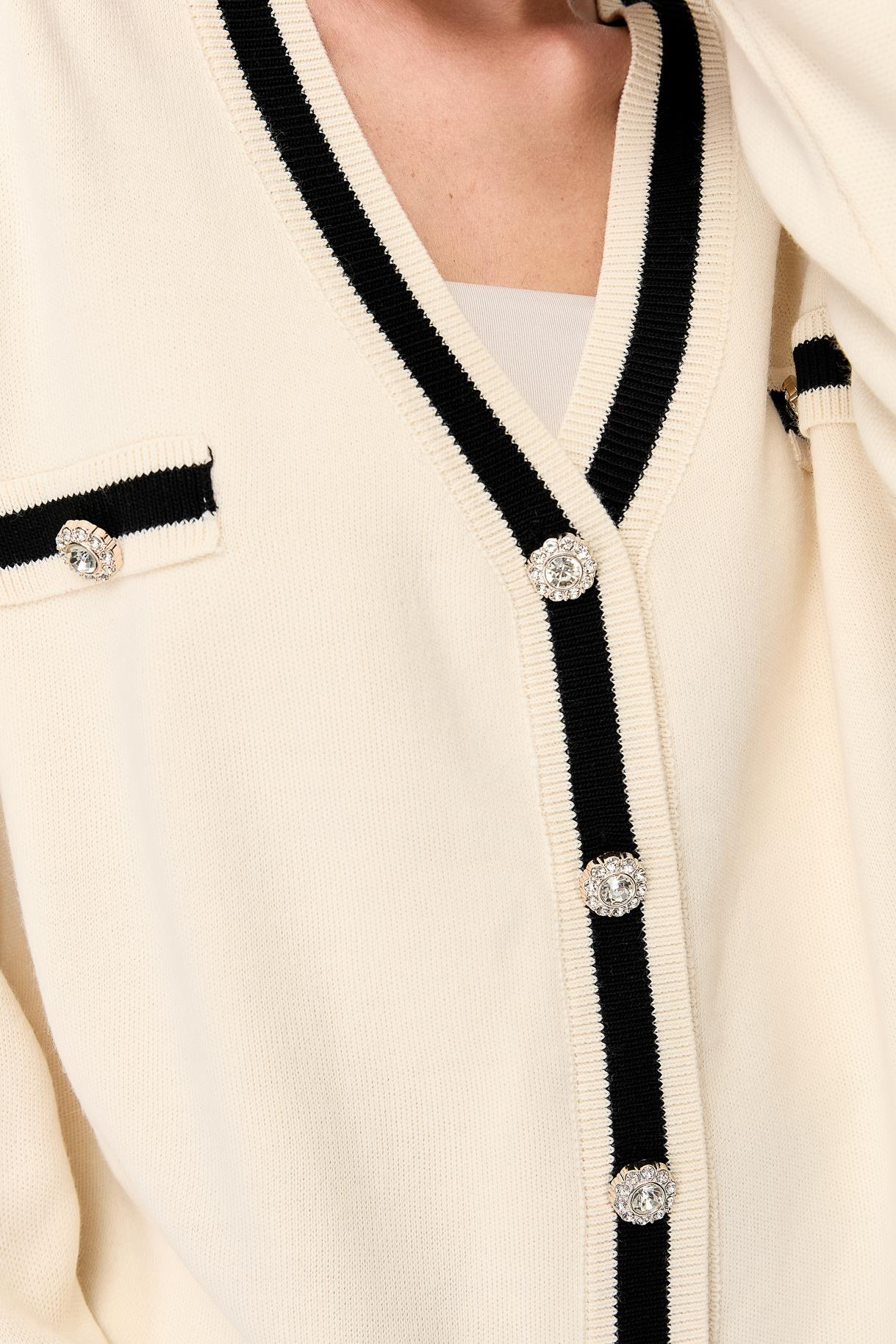 Biyeli Taşlı Düğmeli Triko Hırka - EKRU