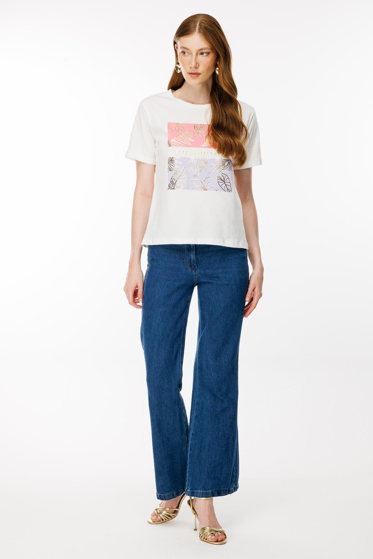 Bloklu Baskı Desen Tişört - EKRU