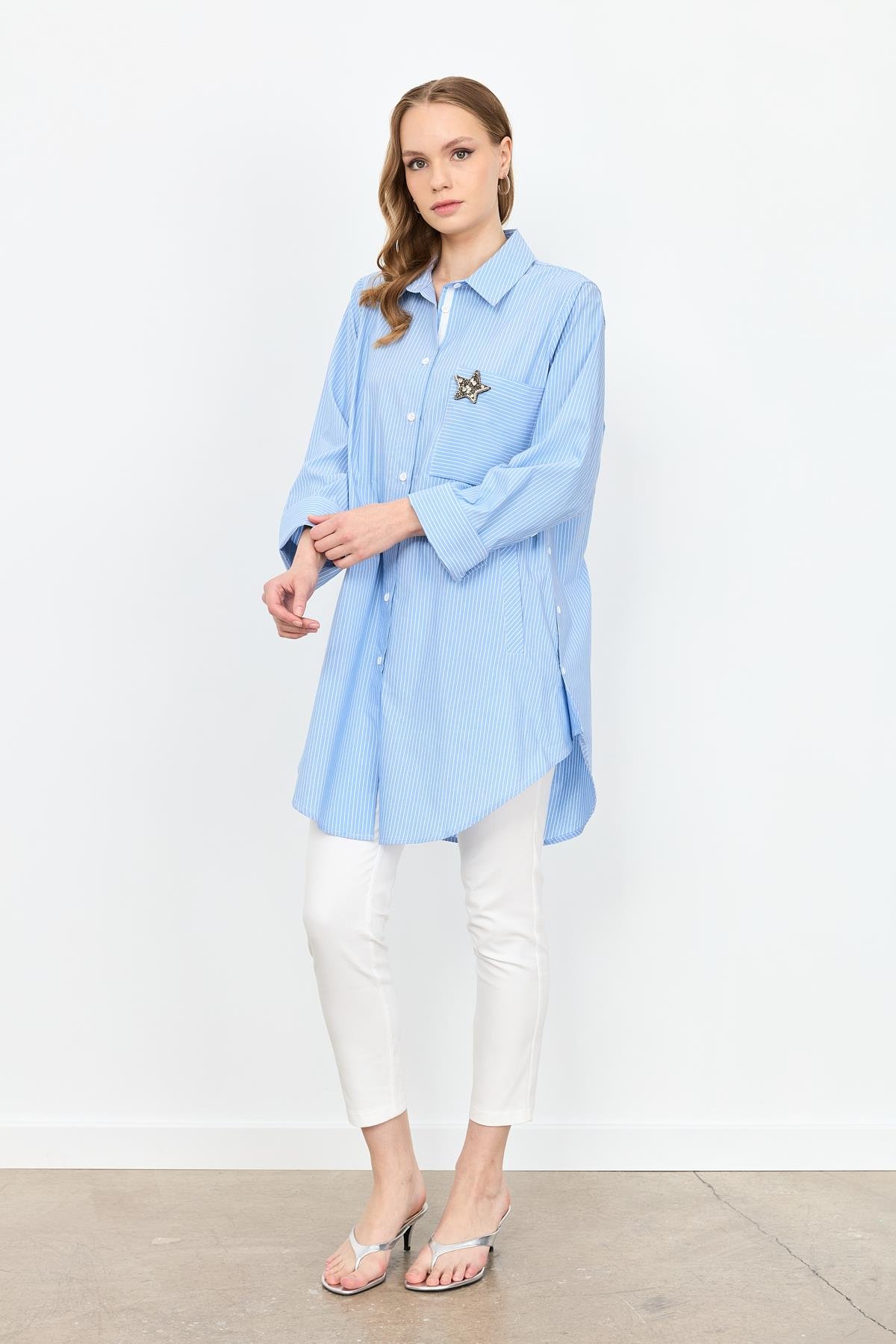Broş Detay Çizgili Tunik Gömlek-MAVİ