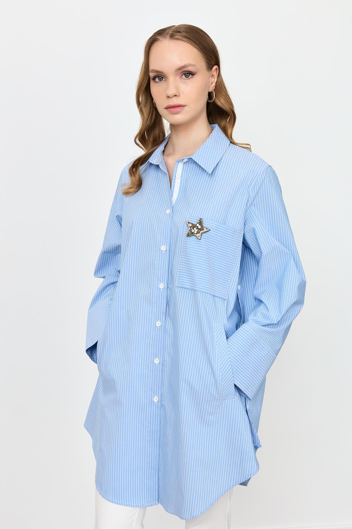Broş Detay Çizgili Tunik Gömlek-MAVİ