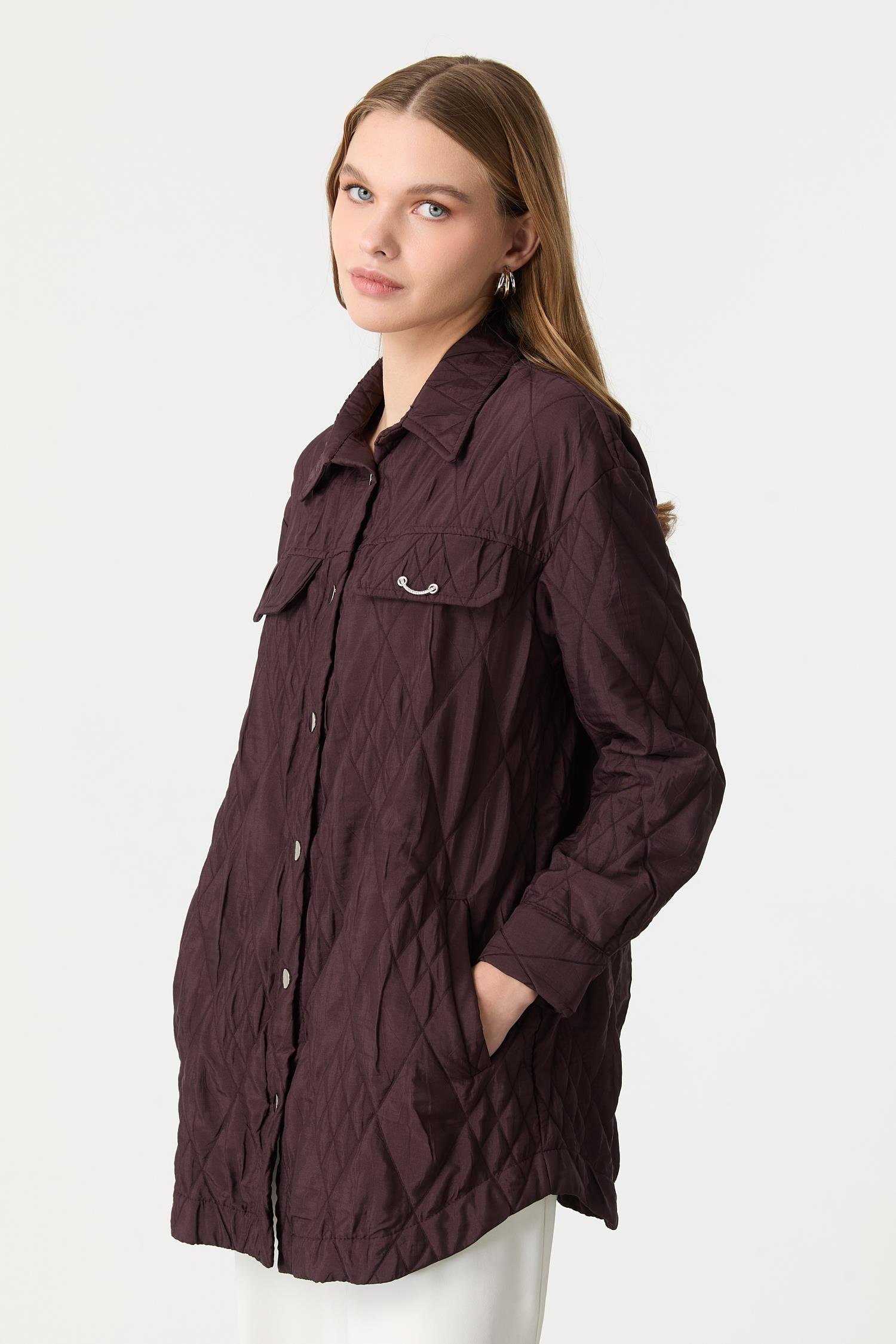 Broş Detaylı Kapitone Tunik Gömlek-MÜRDÜM