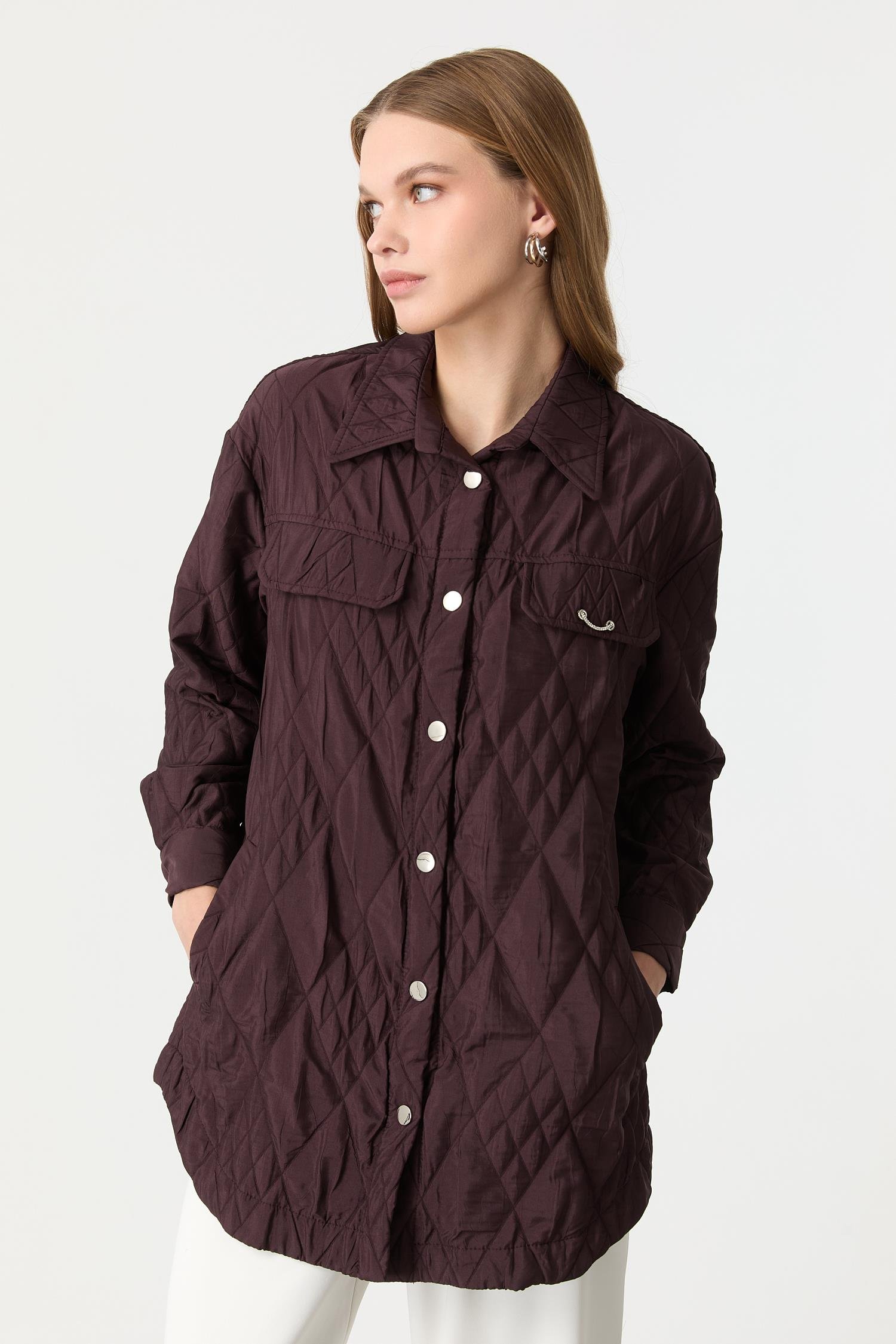 Broş Detaylı Kapitone Tunik Gömlek-MÜRDÜM