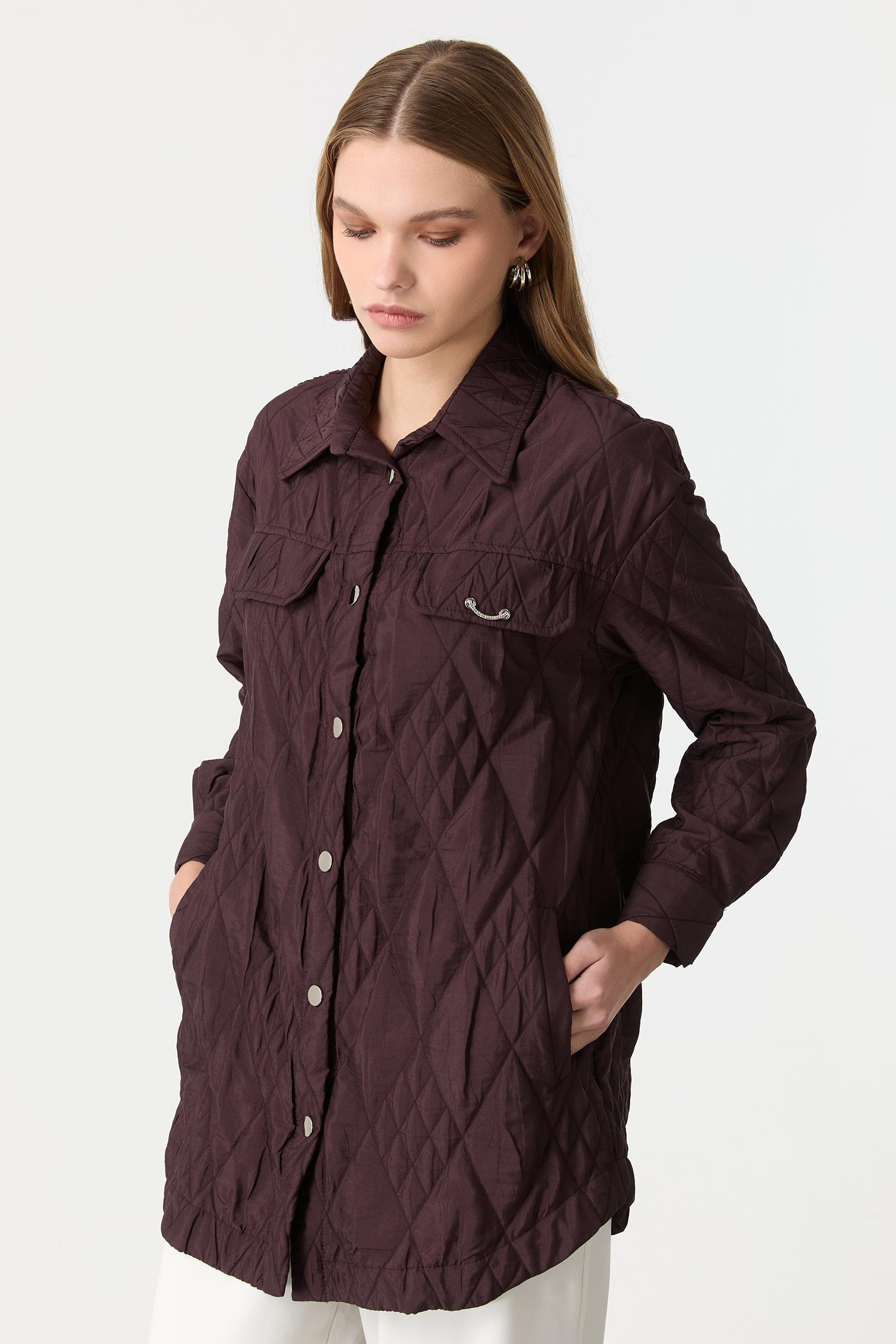 Broş Detaylı Kapitone Tunik Gömlek-MÜRDÜM