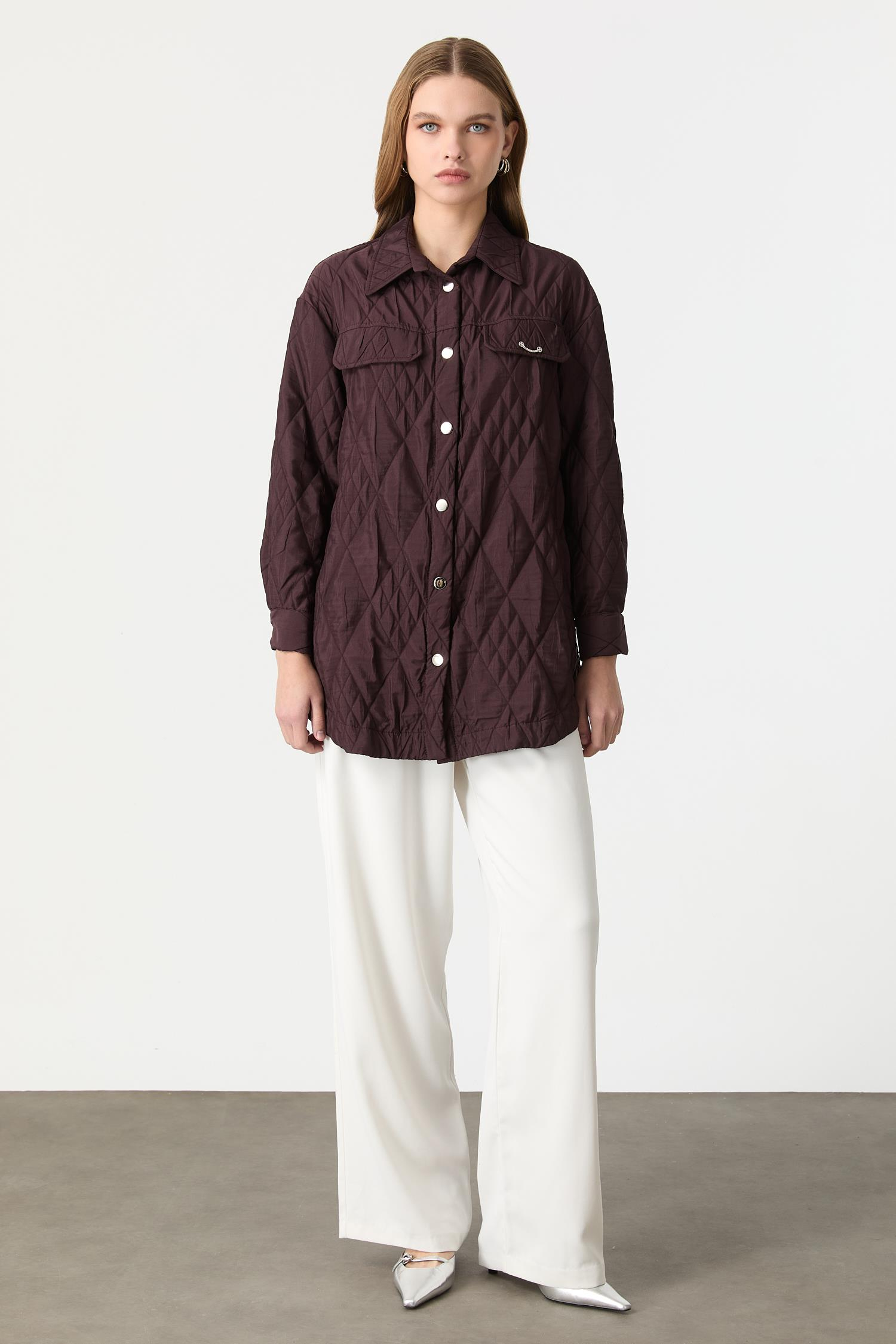 Broş Detaylı Kapitone Tunik Gömlek-MÜRDÜM